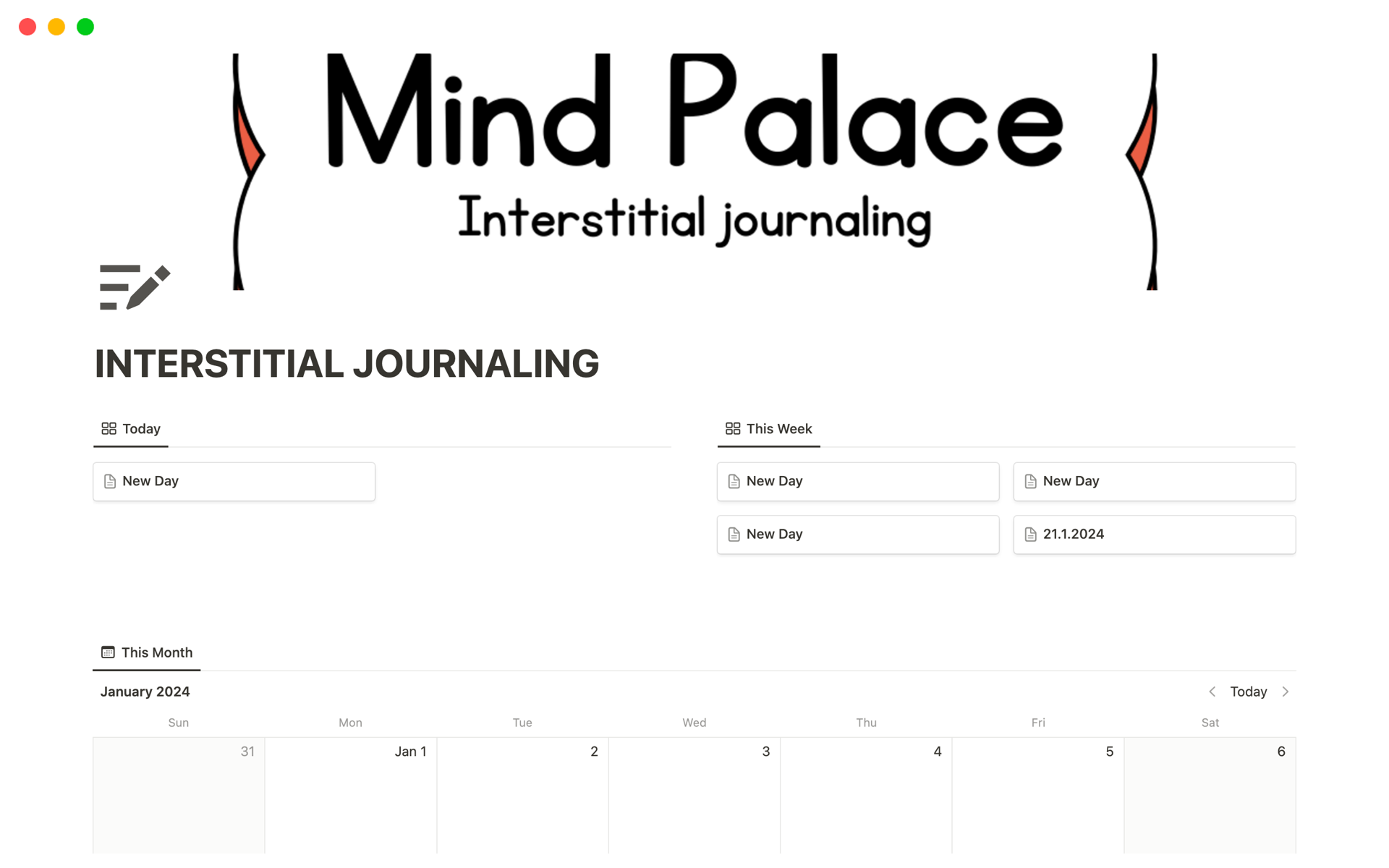 Vista previa de una plantilla para Notion Journal | Interstitial Journaling