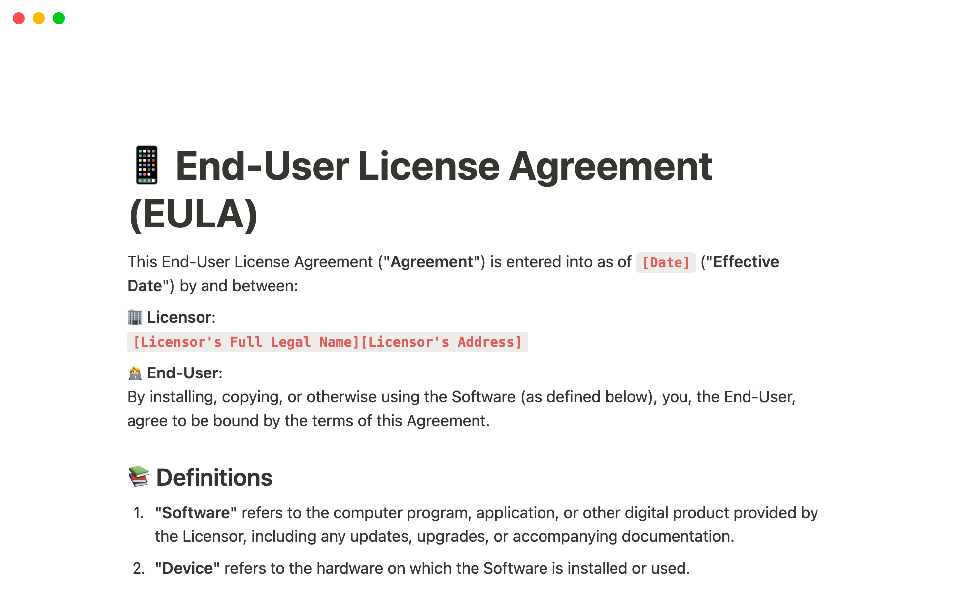 Vista previa de una plantilla para End-User License Agreement (EULA)