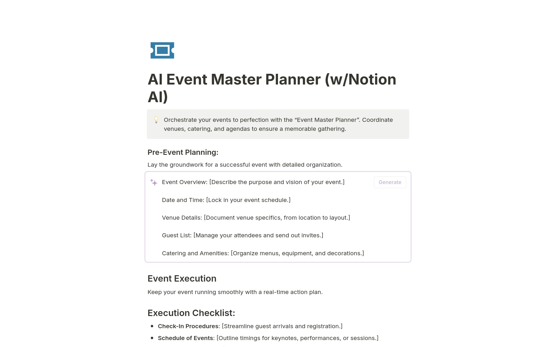 AI Event Master Planner: Transform your event ideas into memorable experiences. This intuitive Notion template guides you through planning, executing, and wrapping up events with finesse. •