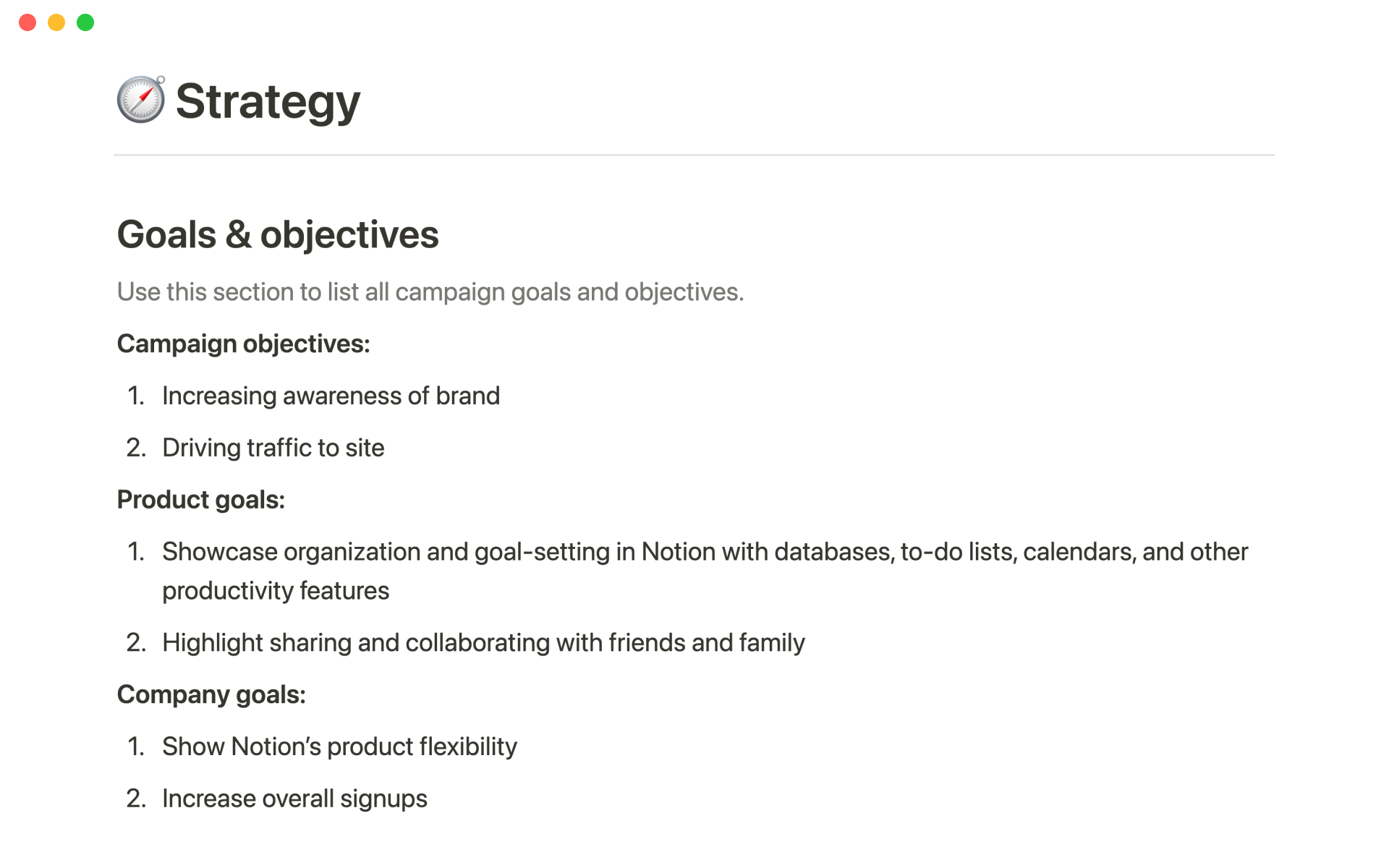 Utilisez ce modèle pour informer les autres membres de l’équipe des objectifs de la campagne, de ses messages, de son calendrier, etc. Vous pouvez facilement ajouter tous les documents utiles à la campagne, afin que toute l’entreprise soit au courant.