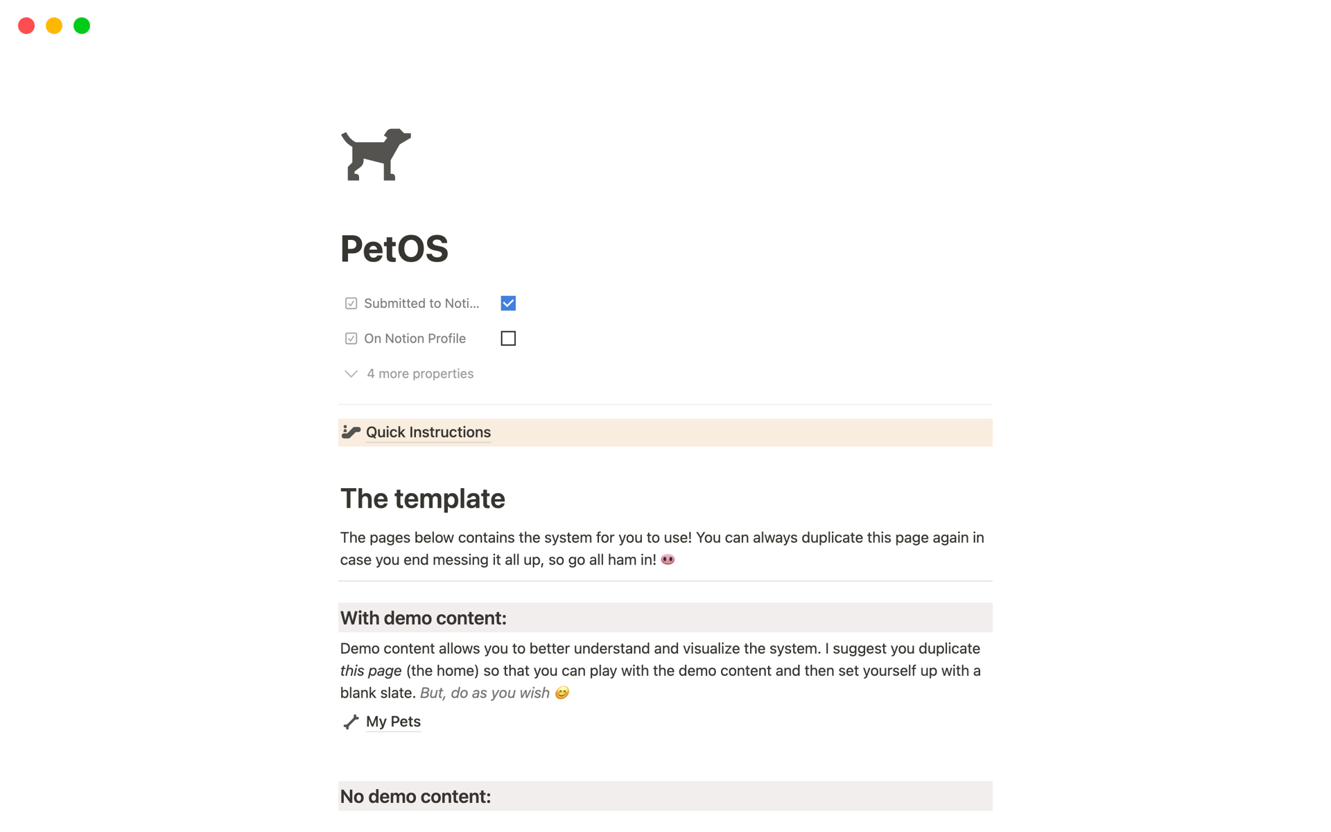A template preview for PetOS