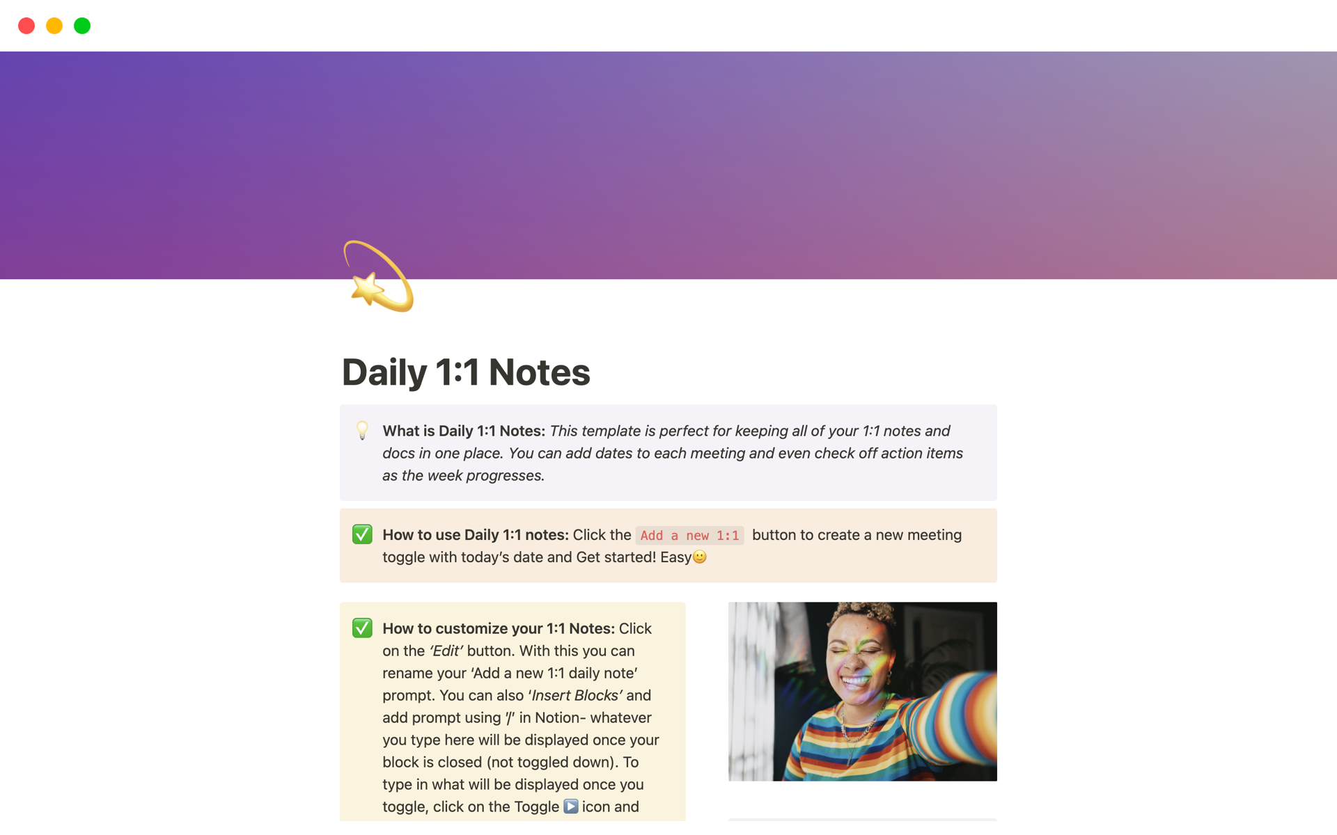 A template preview for Daily 1:1 Notes