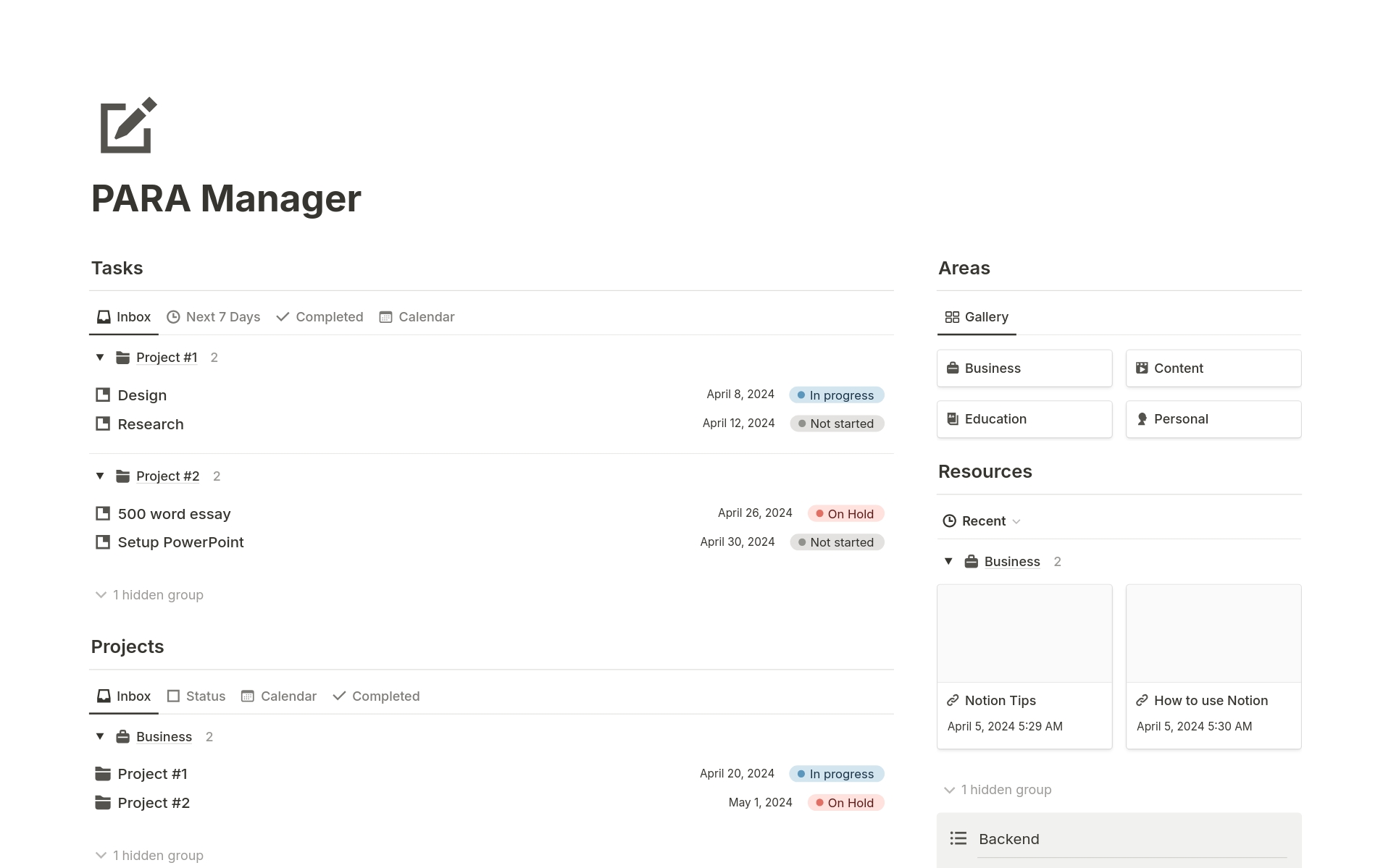 A template preview for PARA Manager