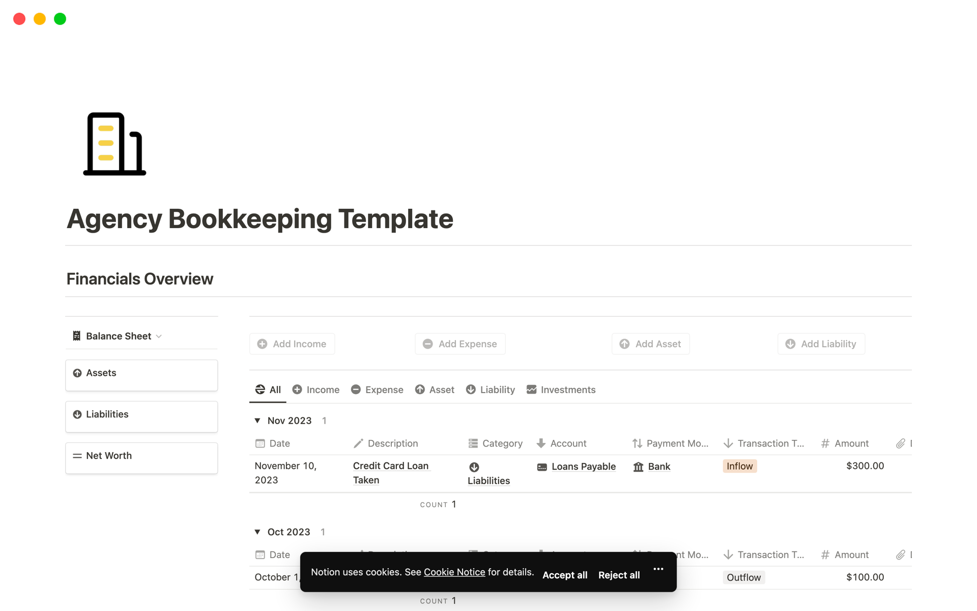 A template preview for Agency Bookkeeping Management
