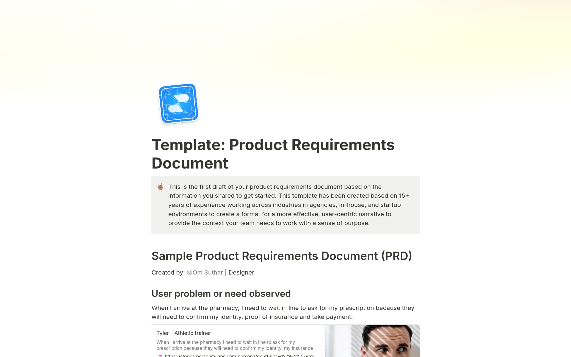 A simple, user-centric blueprint for a product requirements document that starts with an observed user problem or need to set the context for a clear hypothesis, core features of how it works and select value metrics for measuring impact of your feature or experiment.