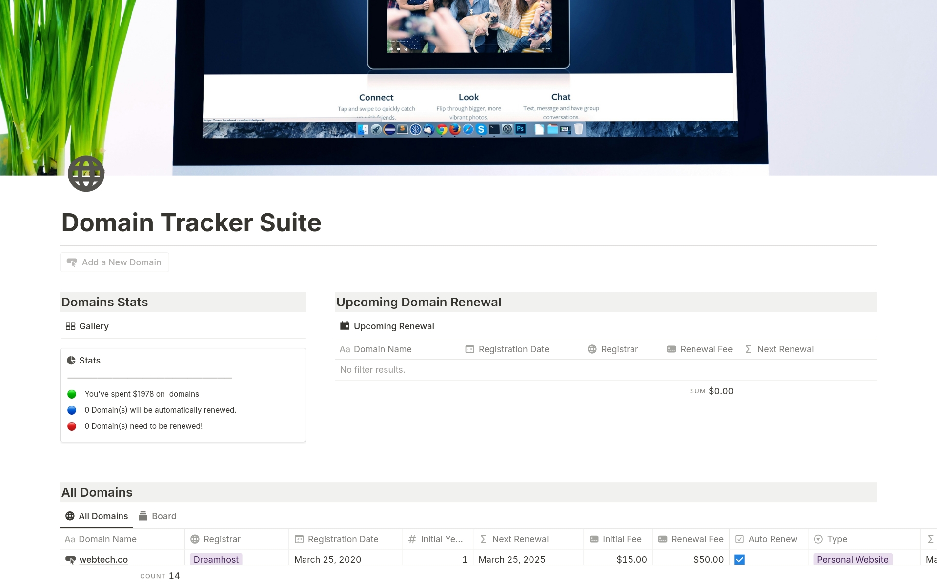 Vista previa de una plantilla para Domain Tracker