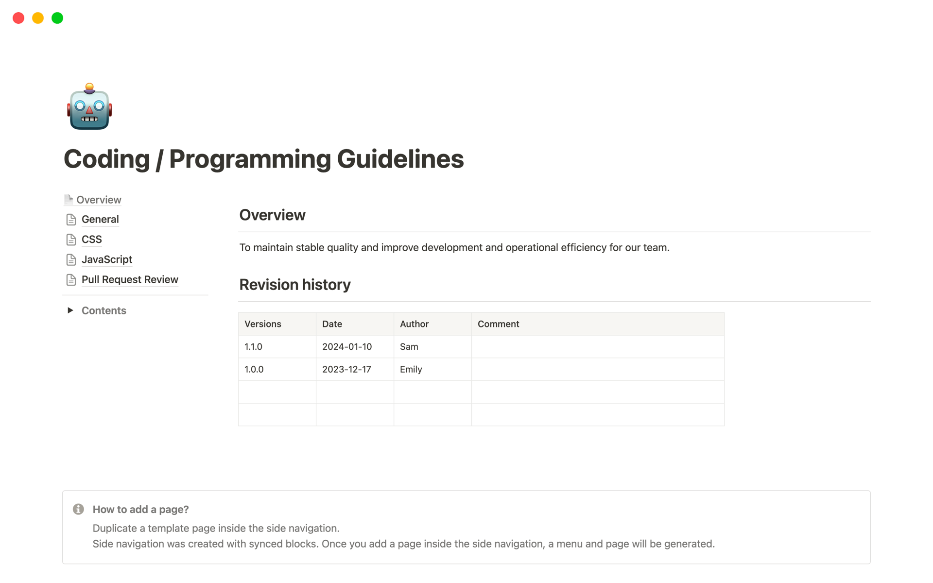 En förhandsgranskning av mallen för Coding / Programming Guidelines