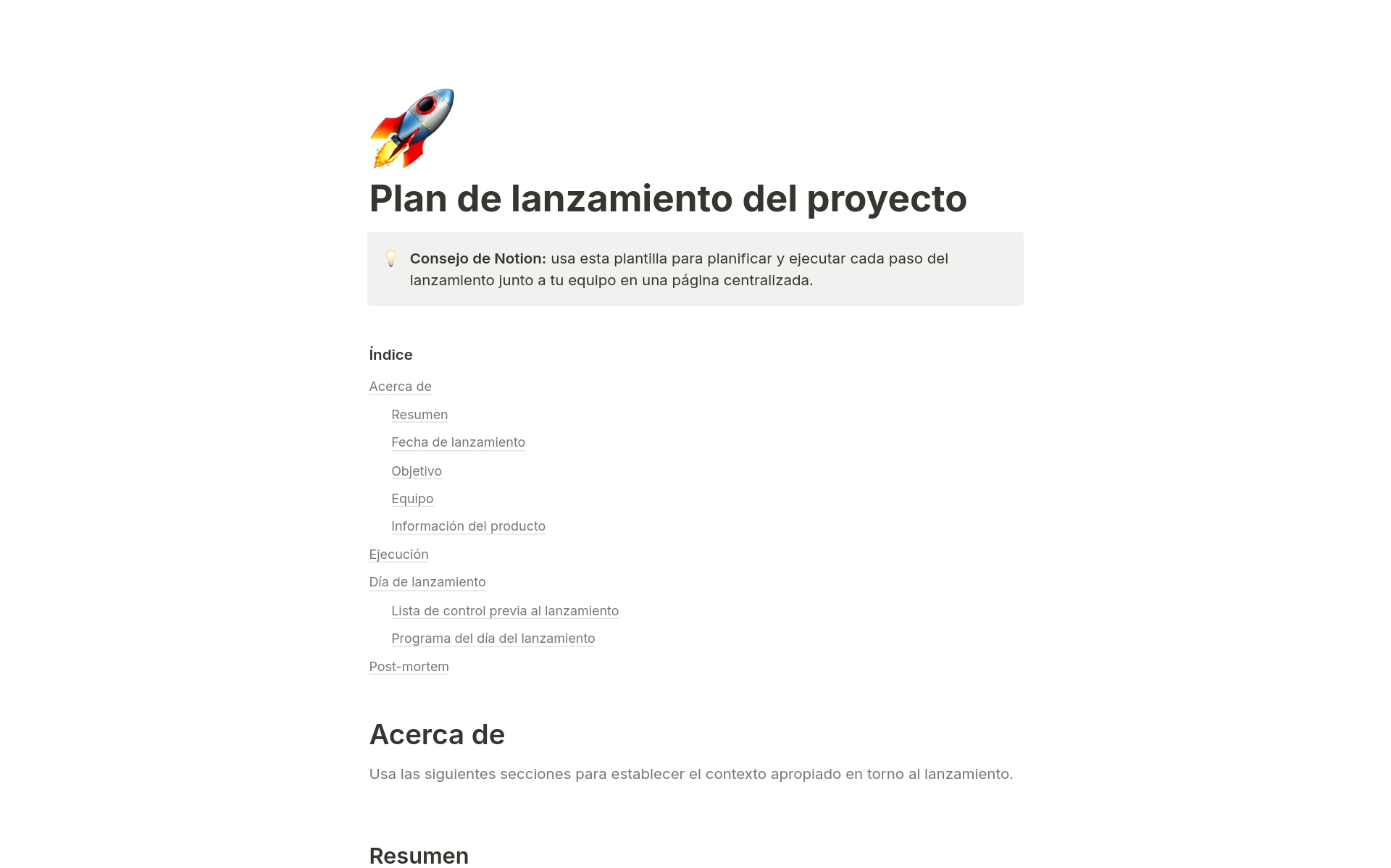 Vista previa de una plantilla para Plan de lanzamiento del proyecto