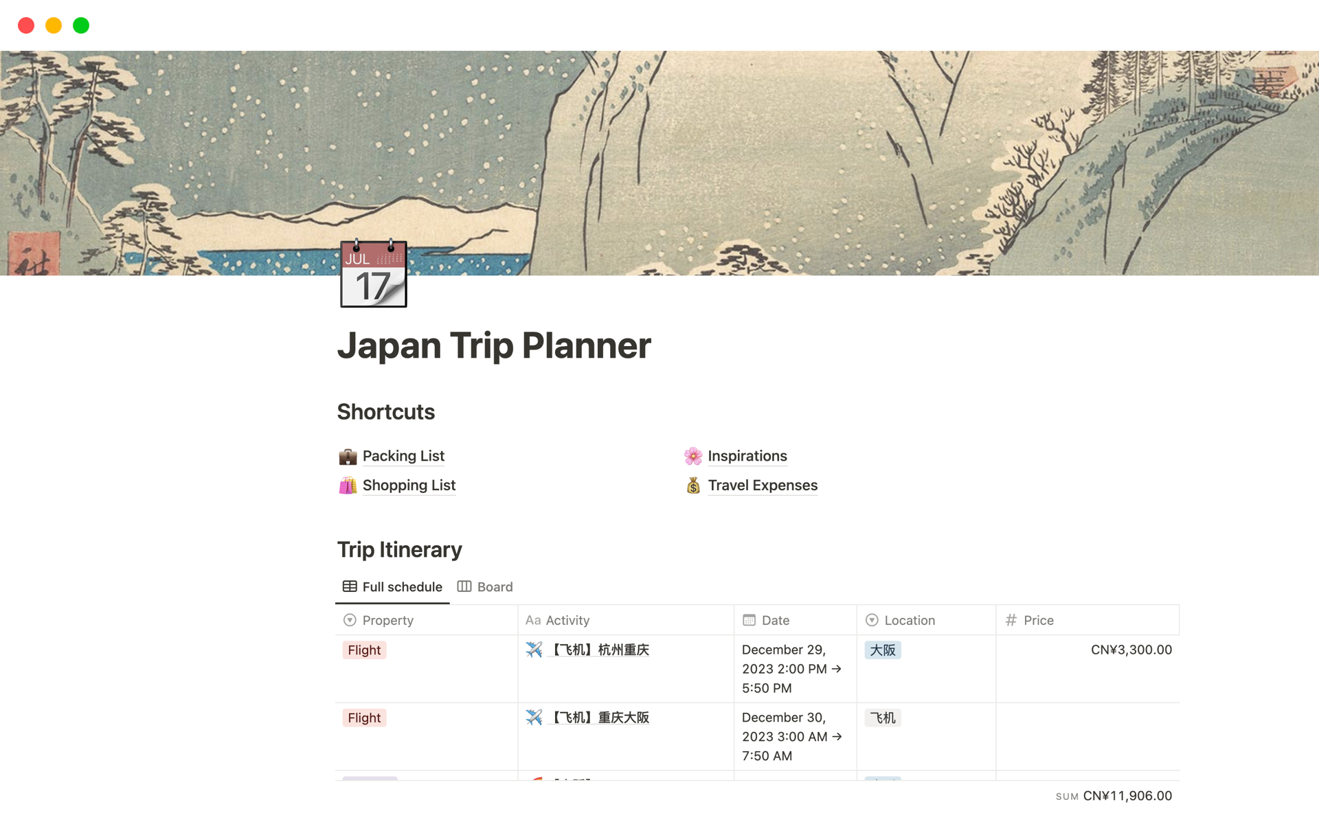 A template preview for Japan Trip Planner
