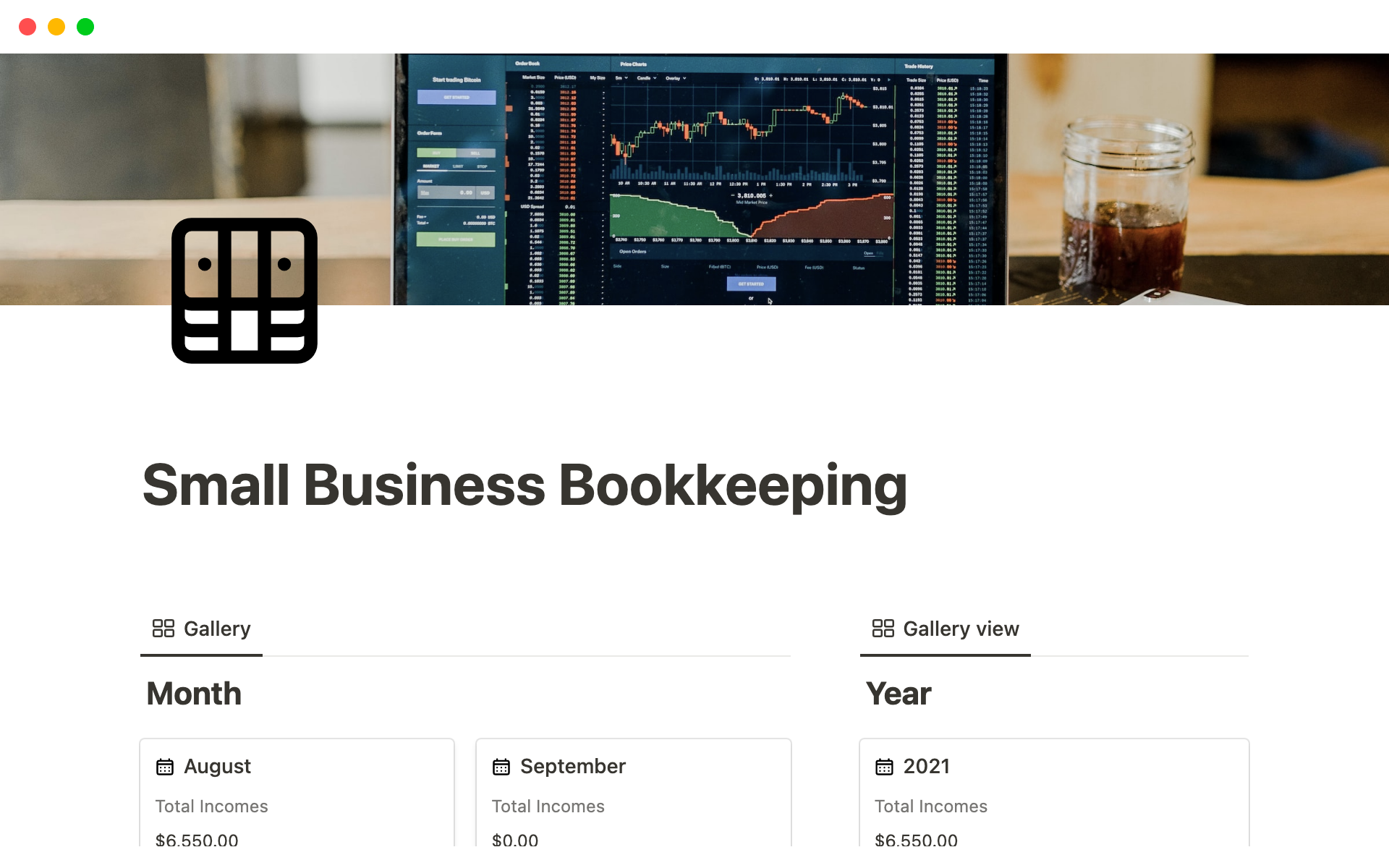 Uma prévia do modelo para Small Business Bookkeeping Notion Template