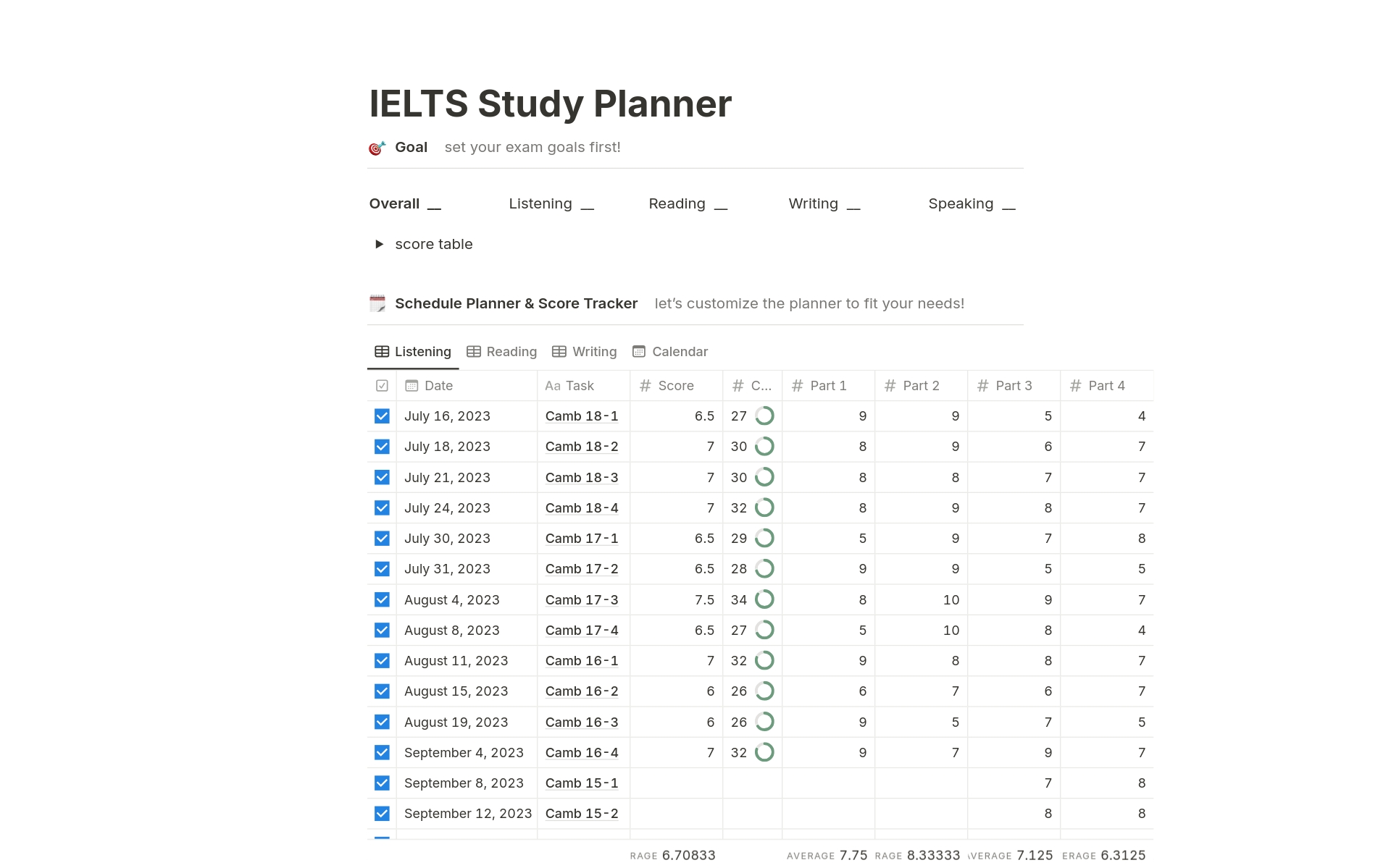 A template preview for IELTS Study Planner