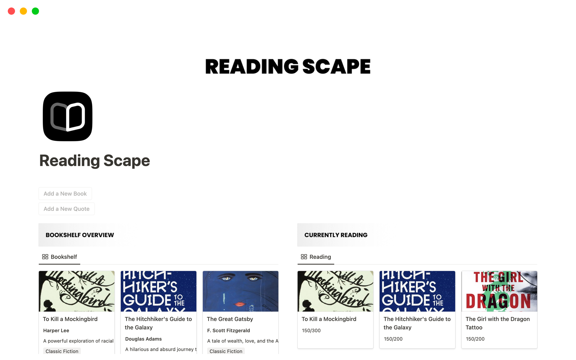 A template preview for ReadingScape (Reading List, Habit & Book Tracker)
