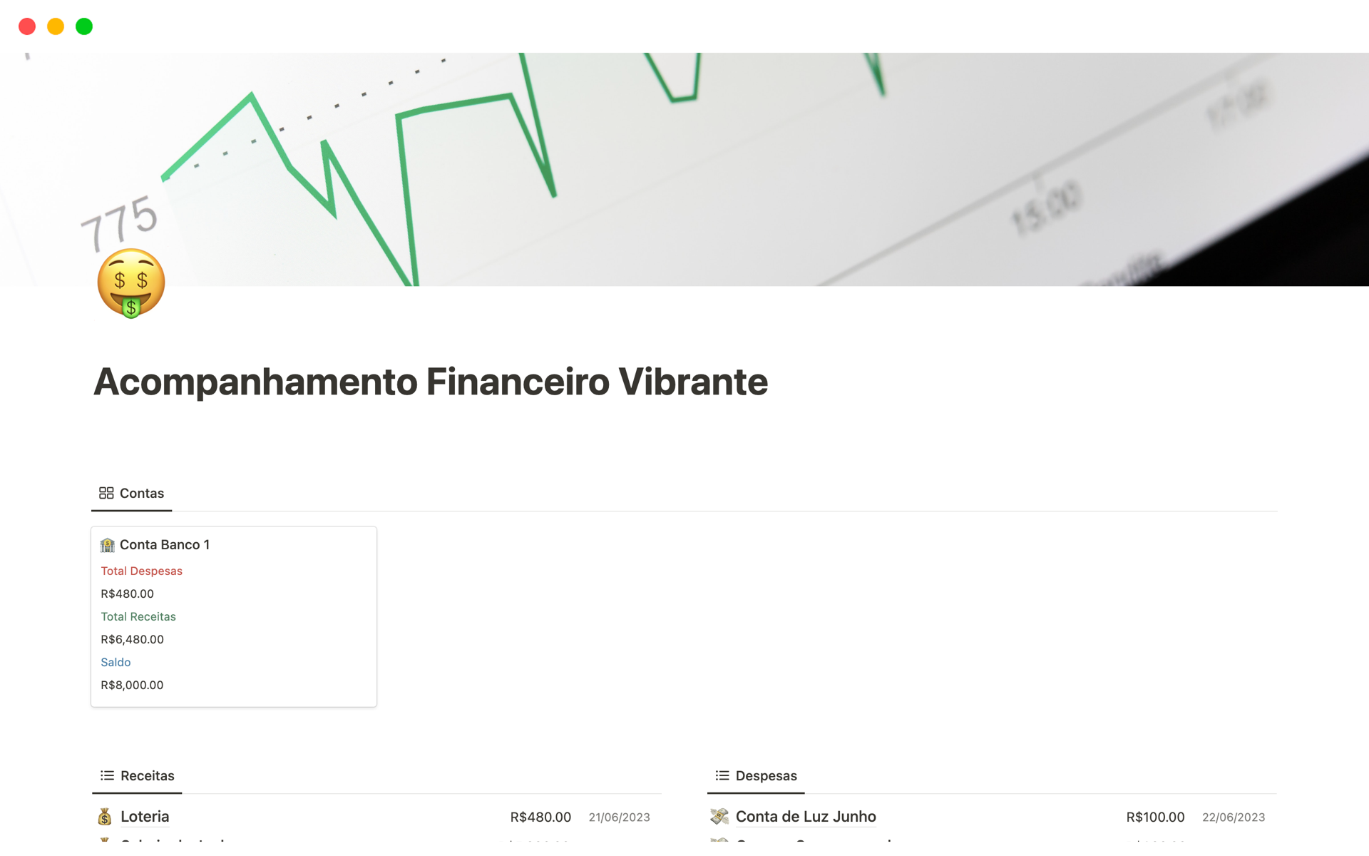 En forhåndsvisning av mal for Acompanhamento Financeiro Vibrante