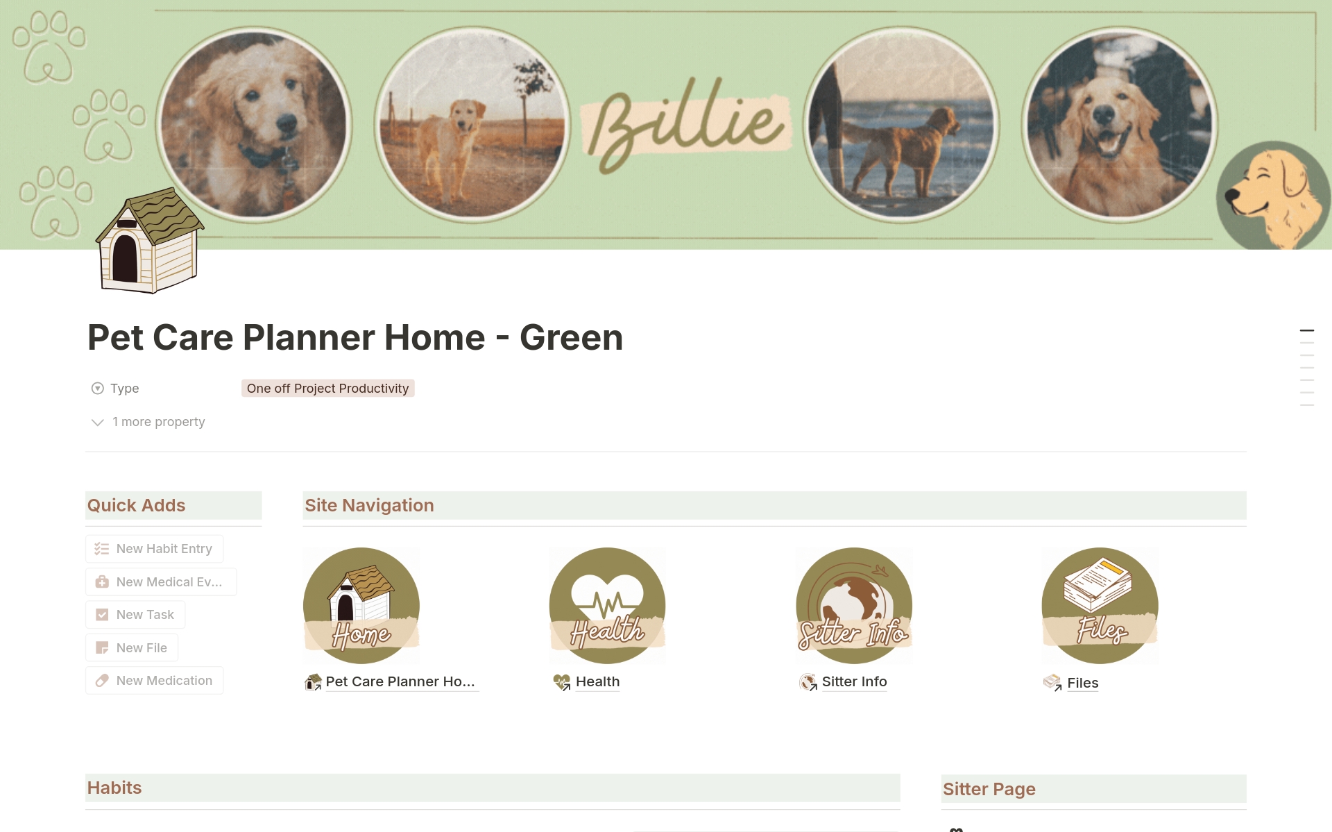 Vista previa de plantilla para Green Themed Pet Care Planner
