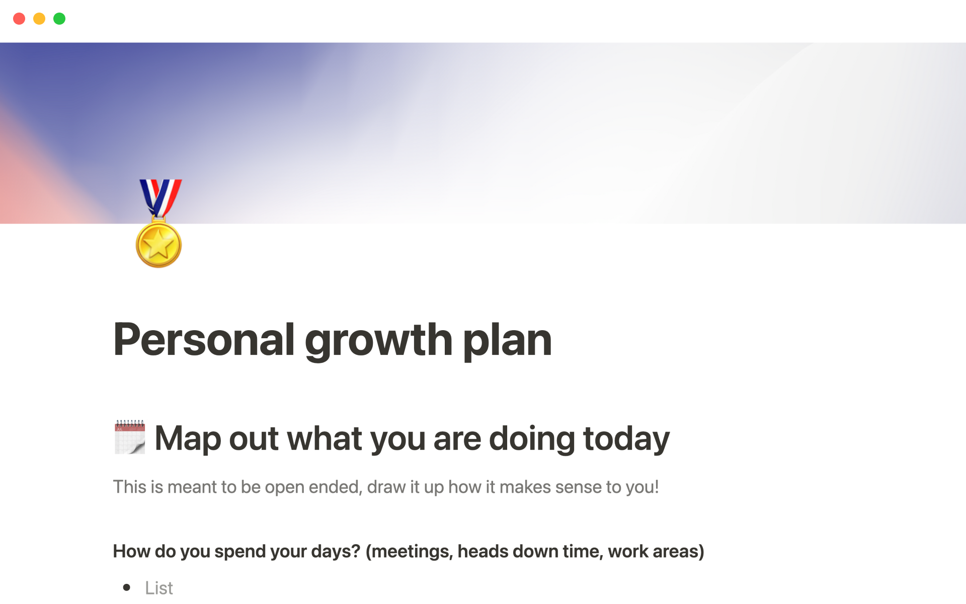 A template preview for Personal growth plan