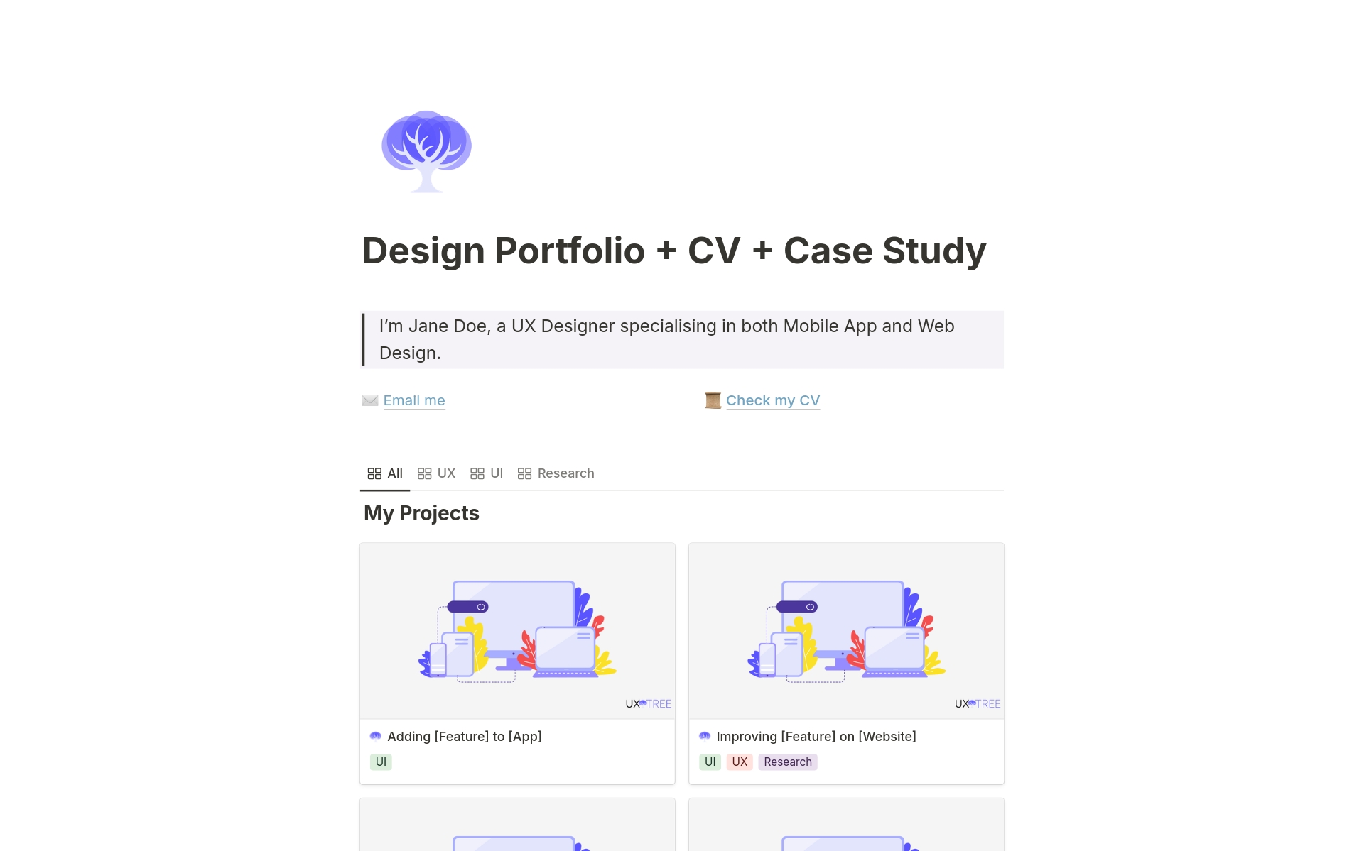 Vista previa de plantilla para Design Portfolio + CV + Case Study