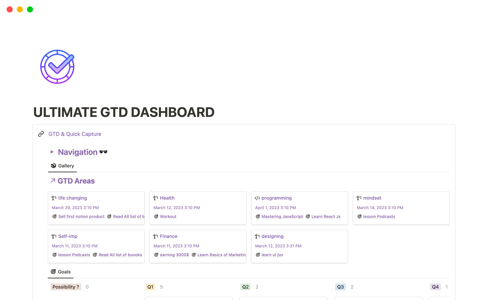 The Ultimate GTD Notion template is a comprehensive solution designed to help you implement the Getting Things Done (GTD) methodology and stay organized and productive