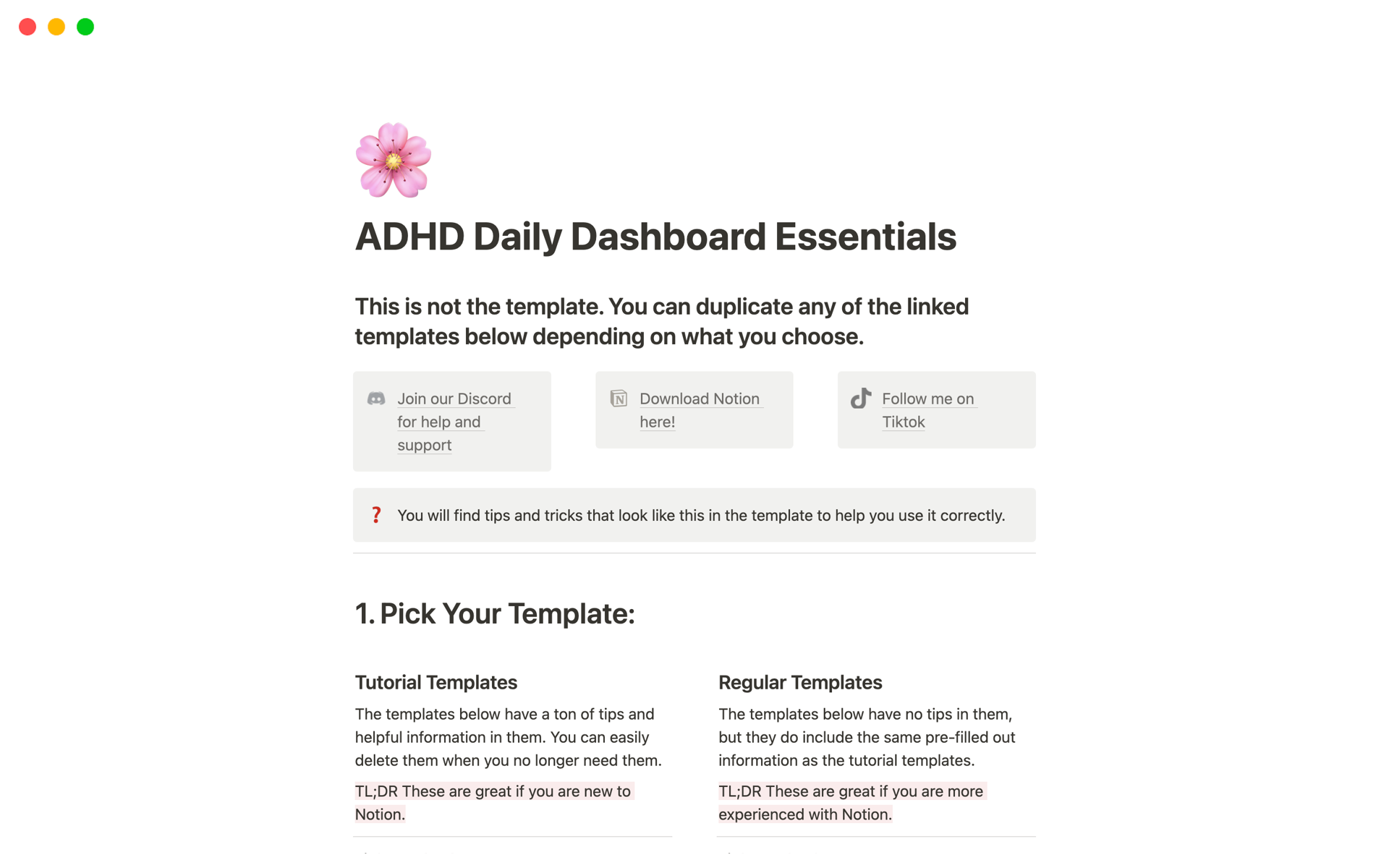A template preview for Daily Dashboard Essentials [ADHD]