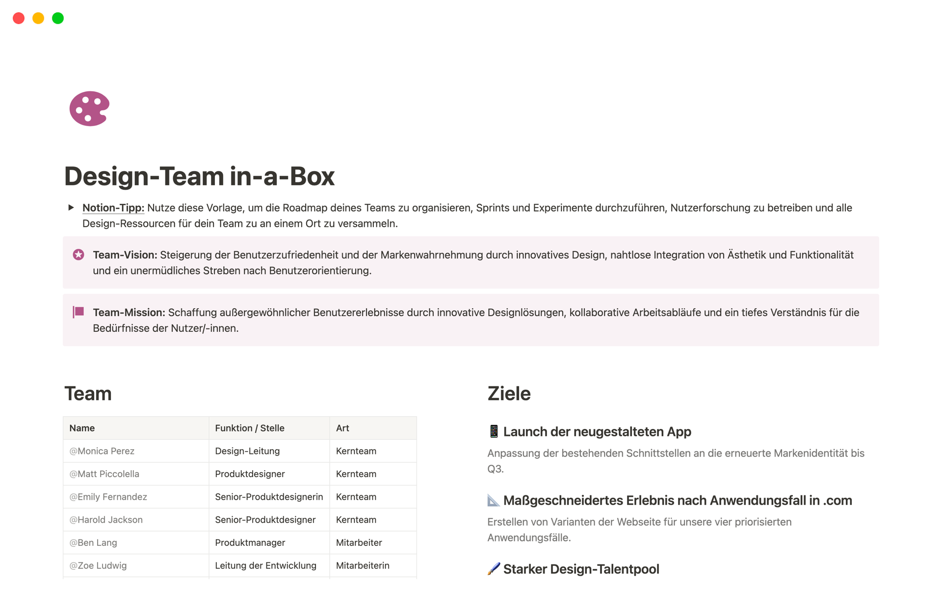 Eine Vorlagenvorschau für Design-Team in-a-Box