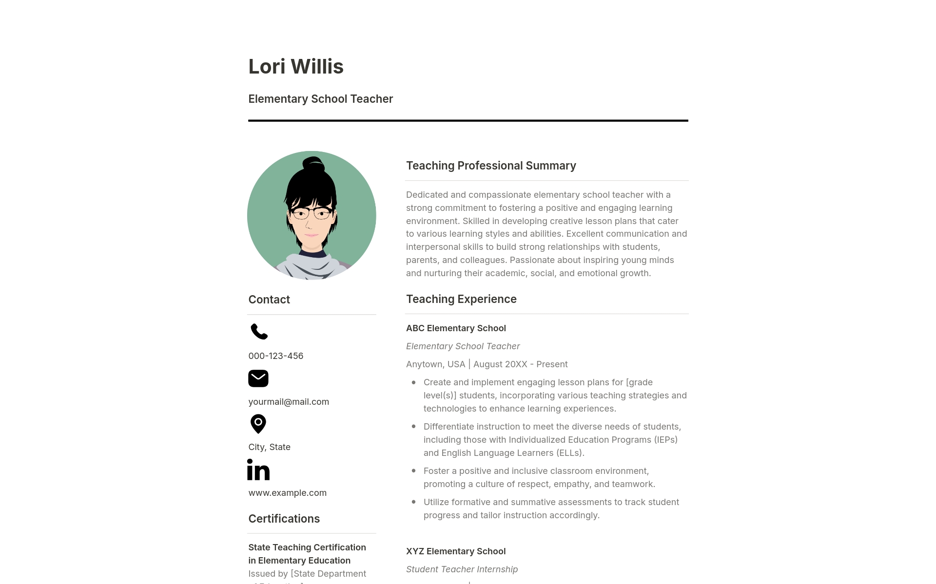 A template preview for Elementary School Teacher Resume