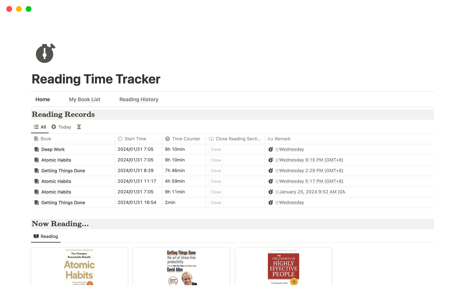 A template preview for Reading Time Tracker