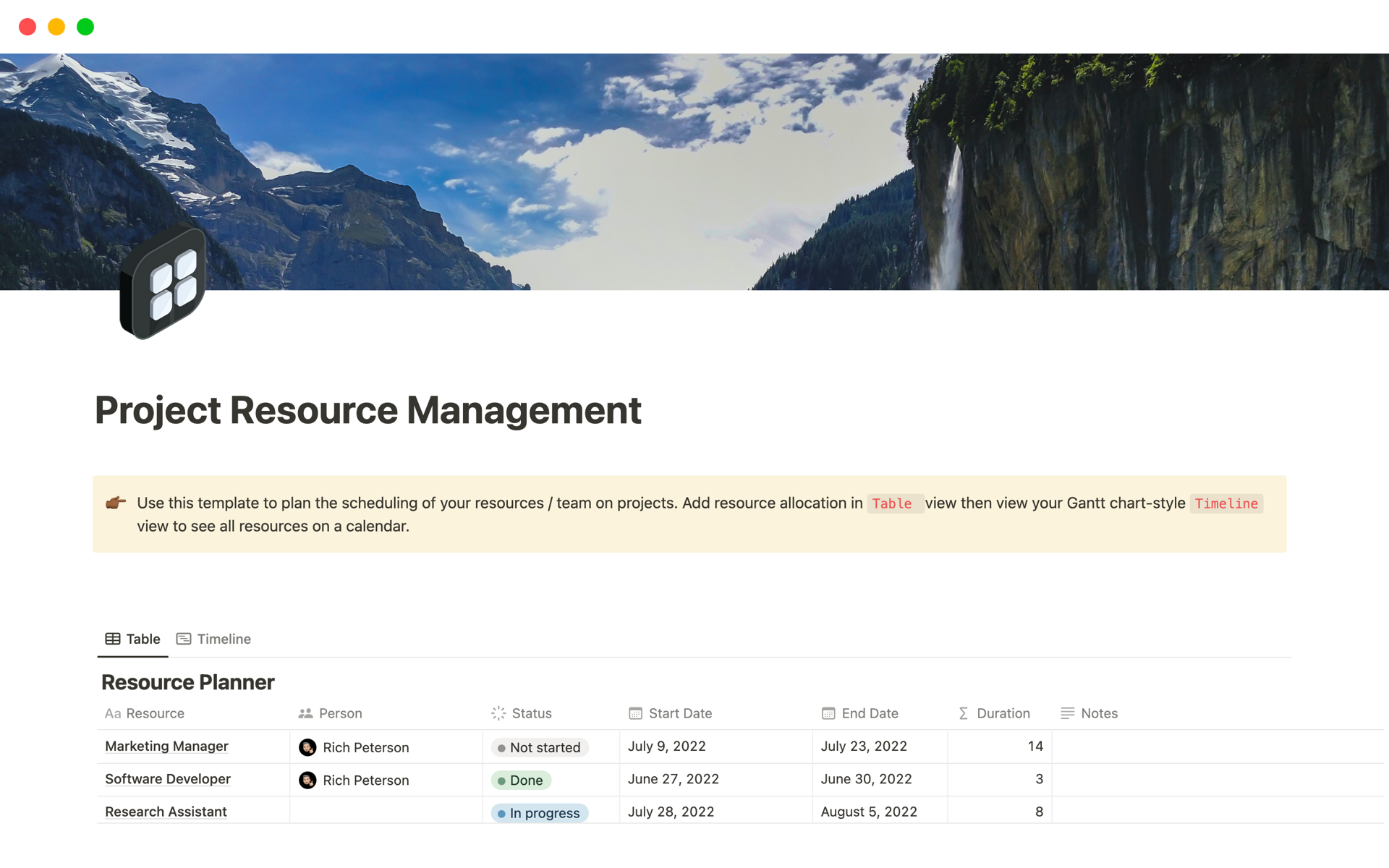 A template preview for Project Resource Management