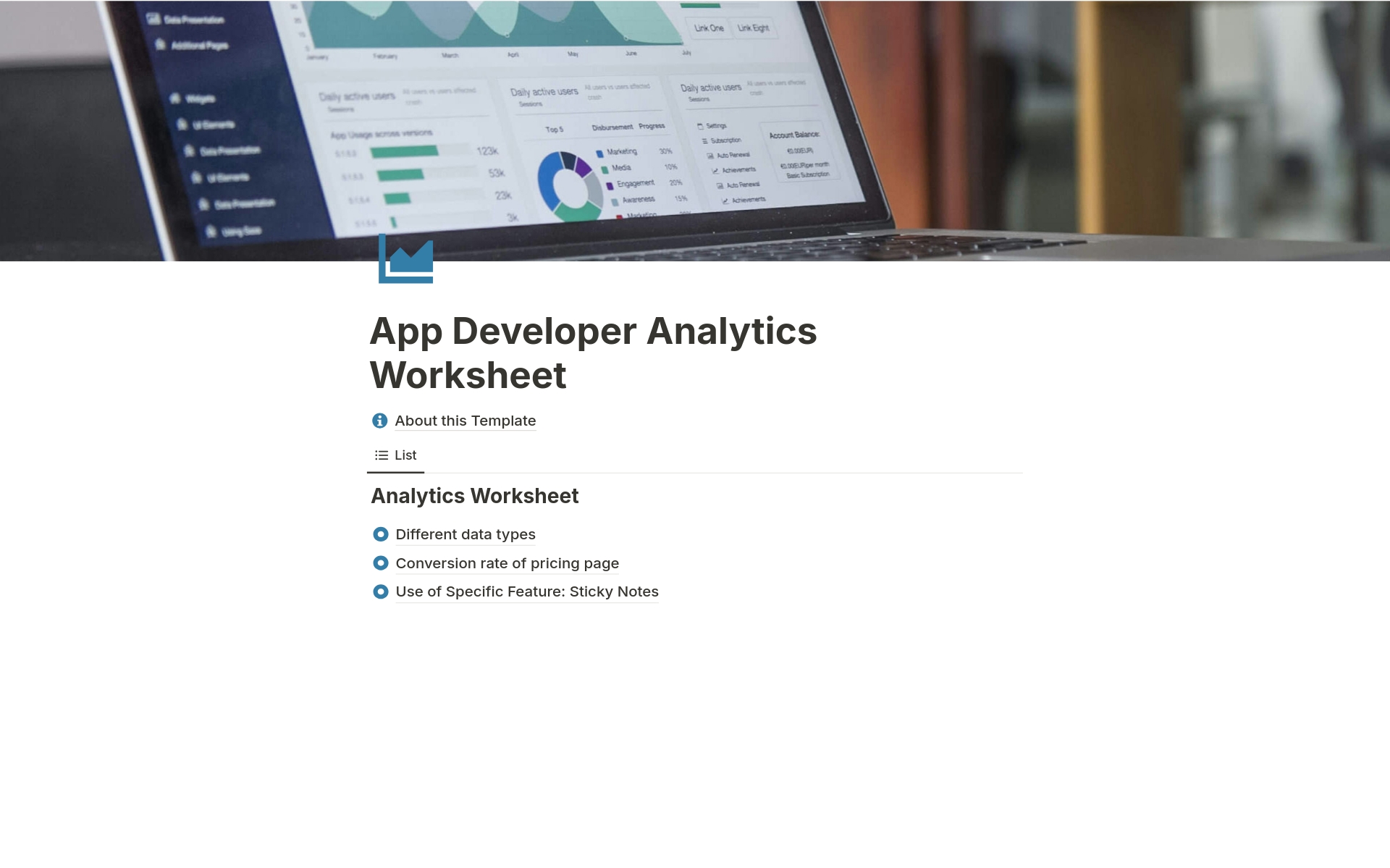 A template preview for App Developer Analytics Worksheet