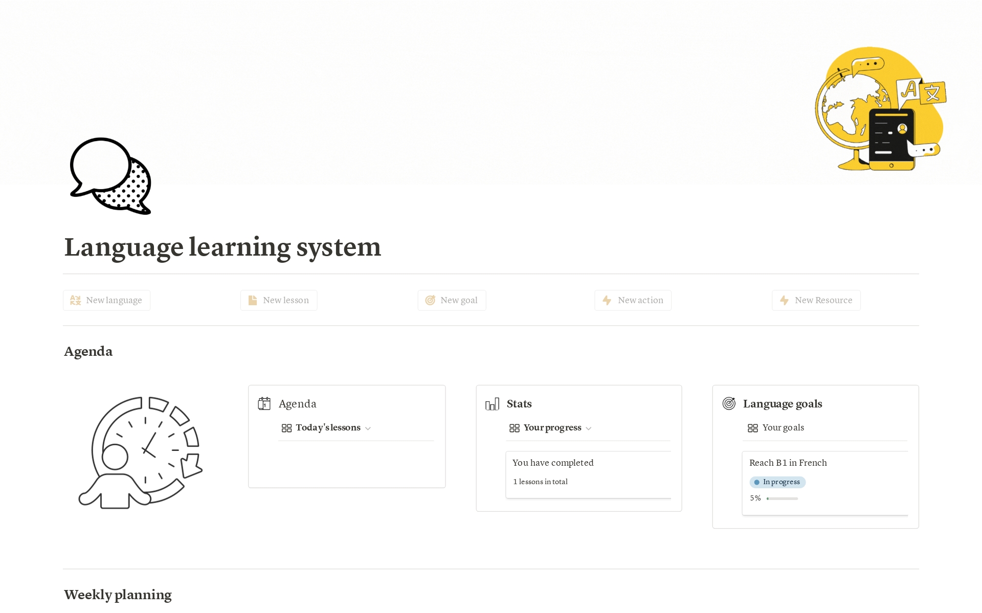 A template preview for Language Learning system