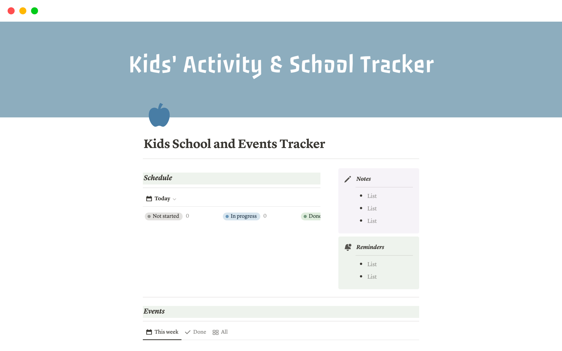 A template preview for Kids School and Events Tracker