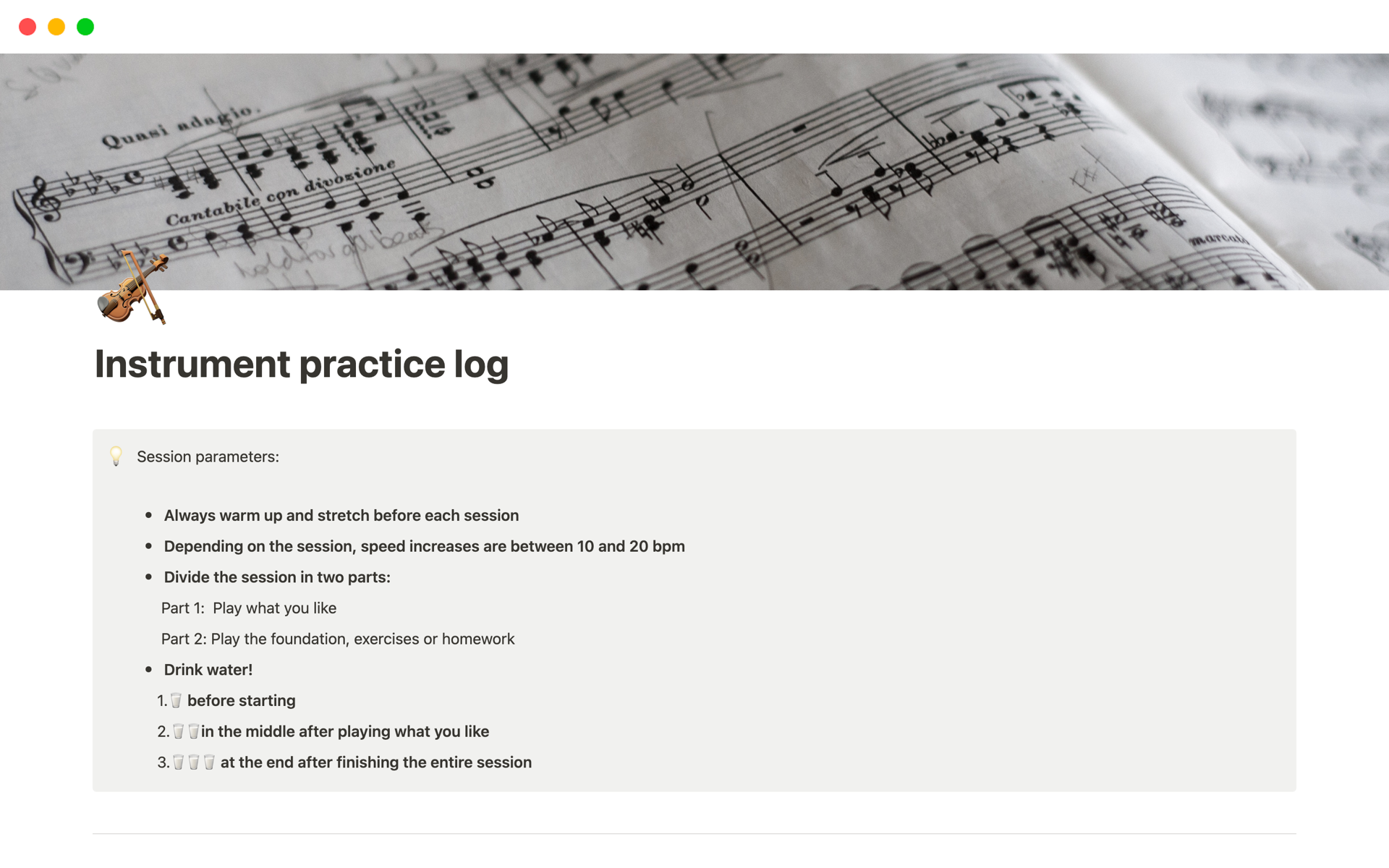 Musical Instrument practice log Plantilla de Notion