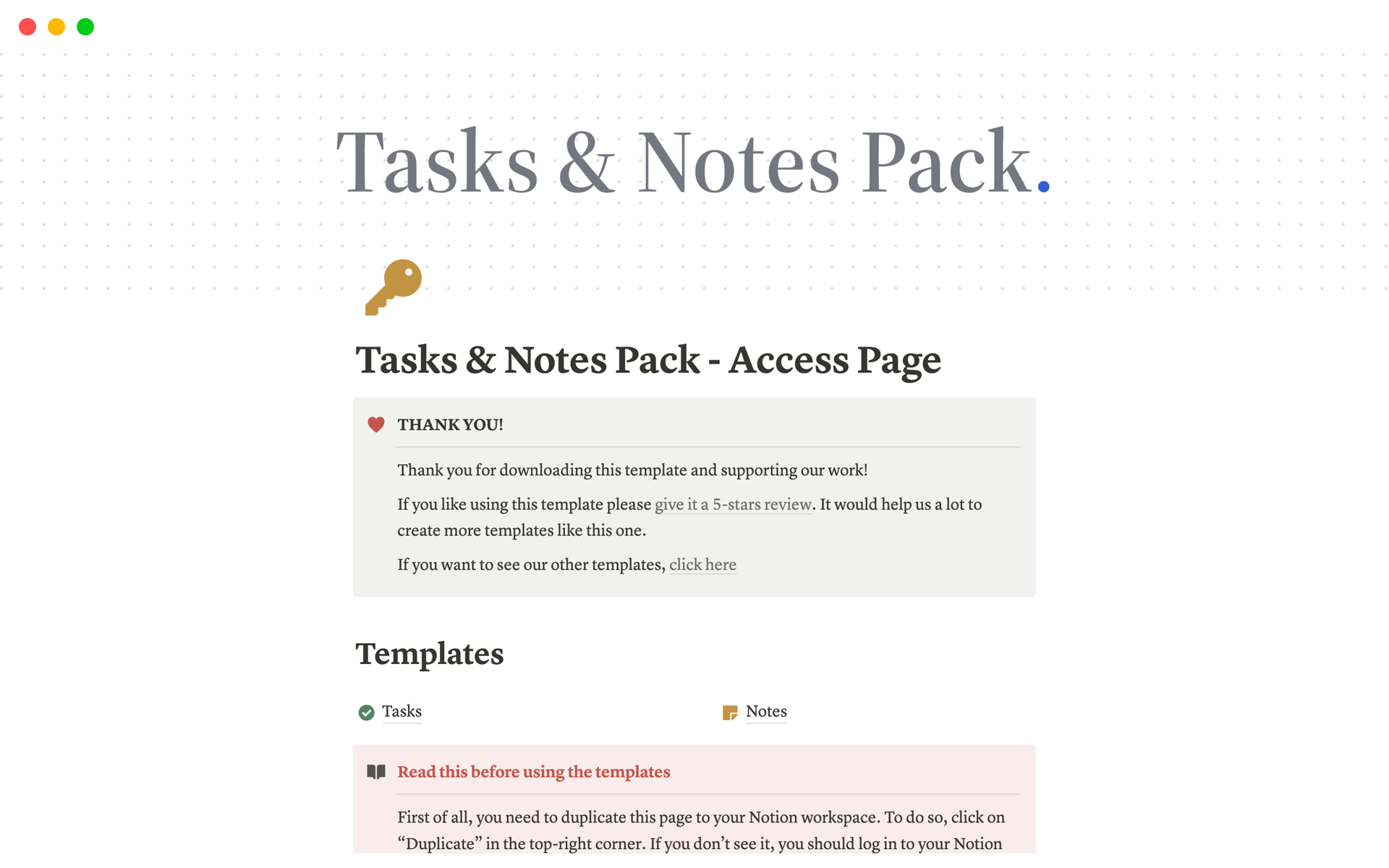 A template preview for Tasks & Notes Pack