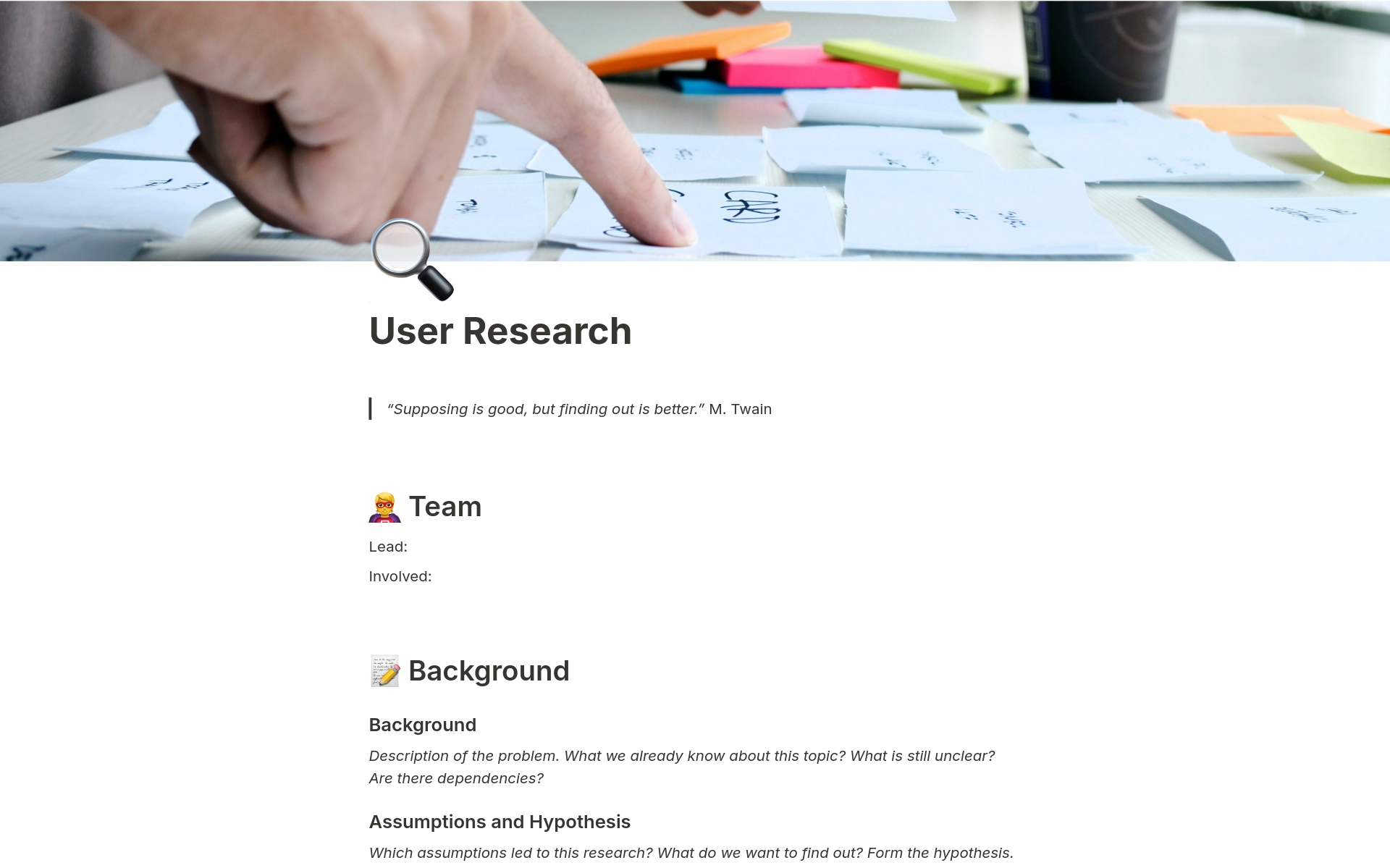 A template preview for User Research