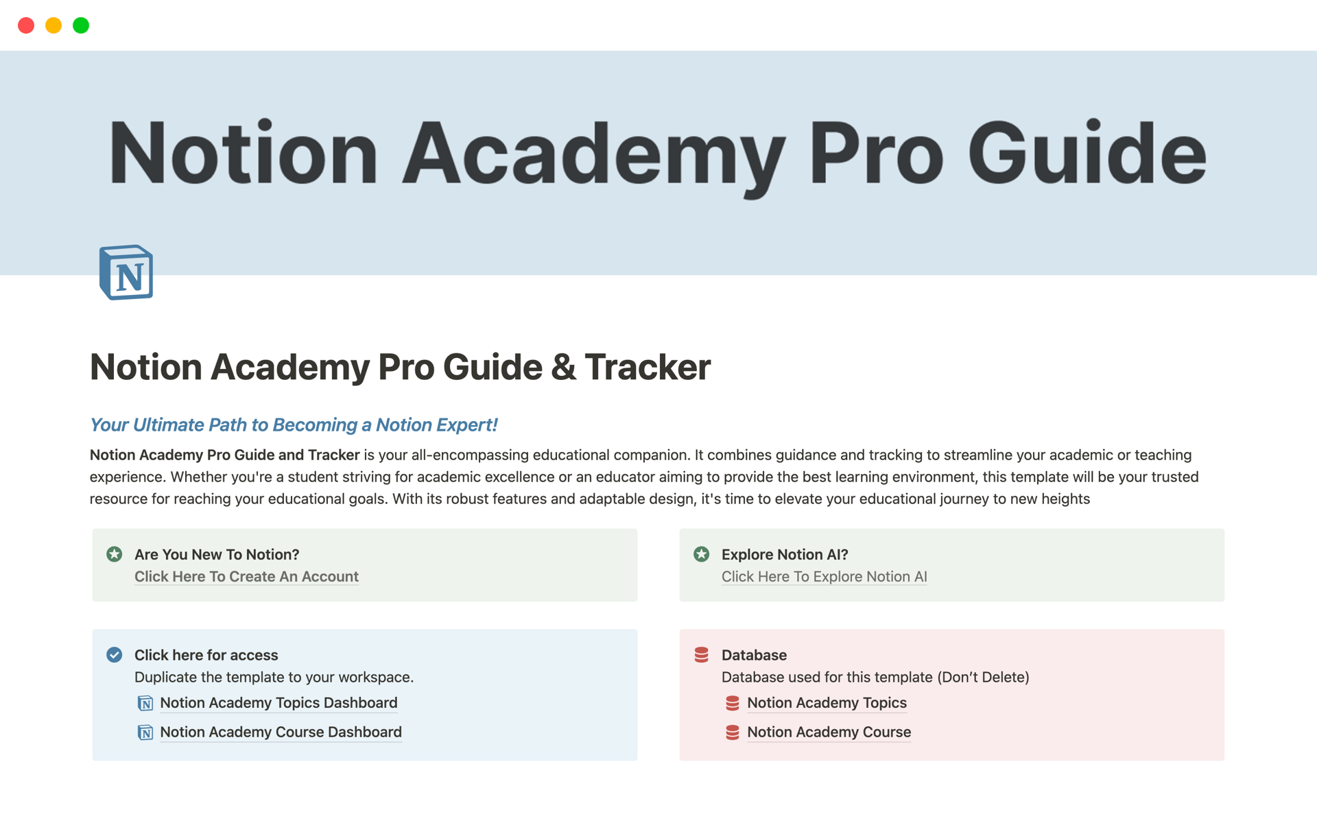 A template preview for Academy Pro Guide & Tracker