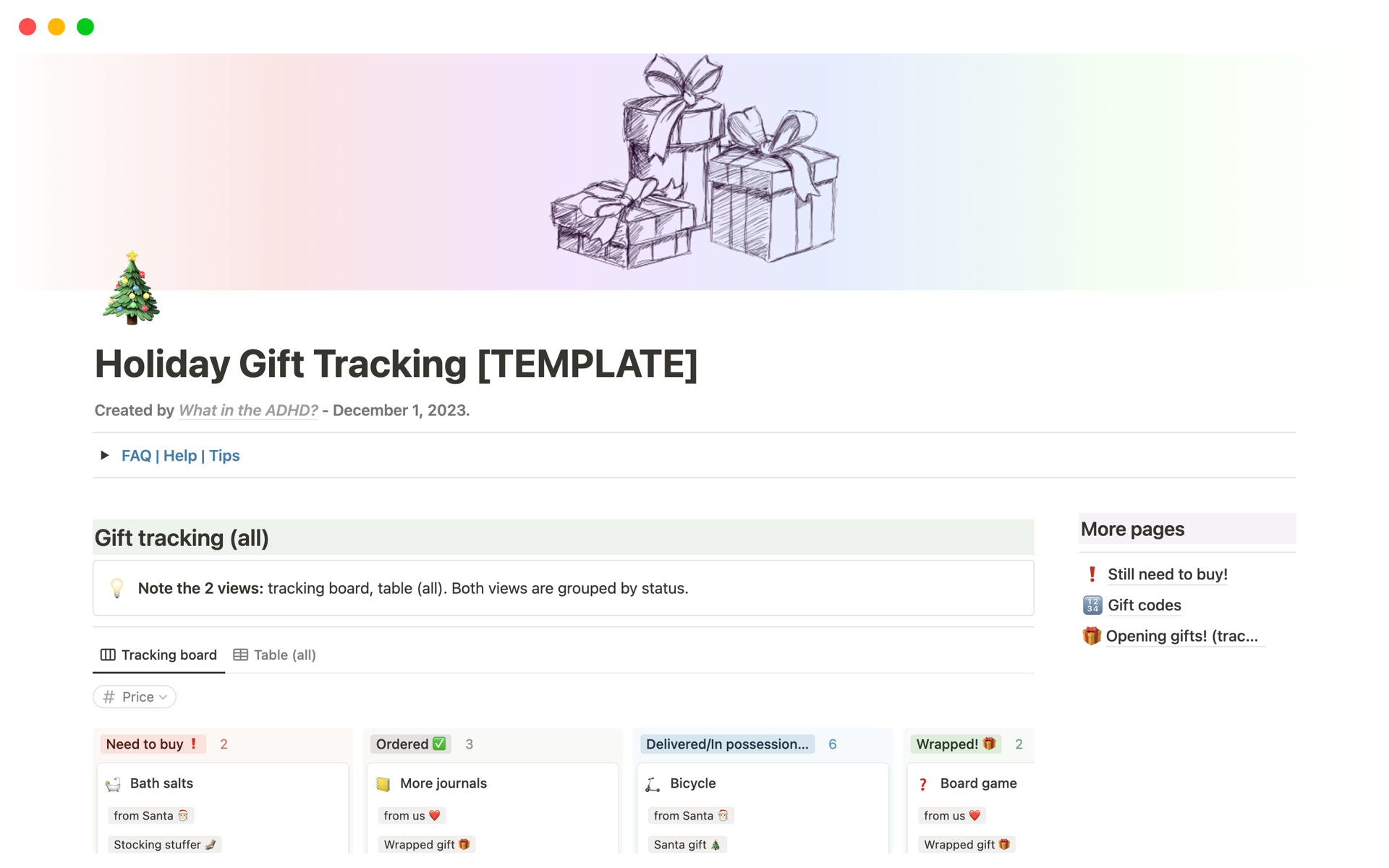 A template preview for Holiday Gift Tracking