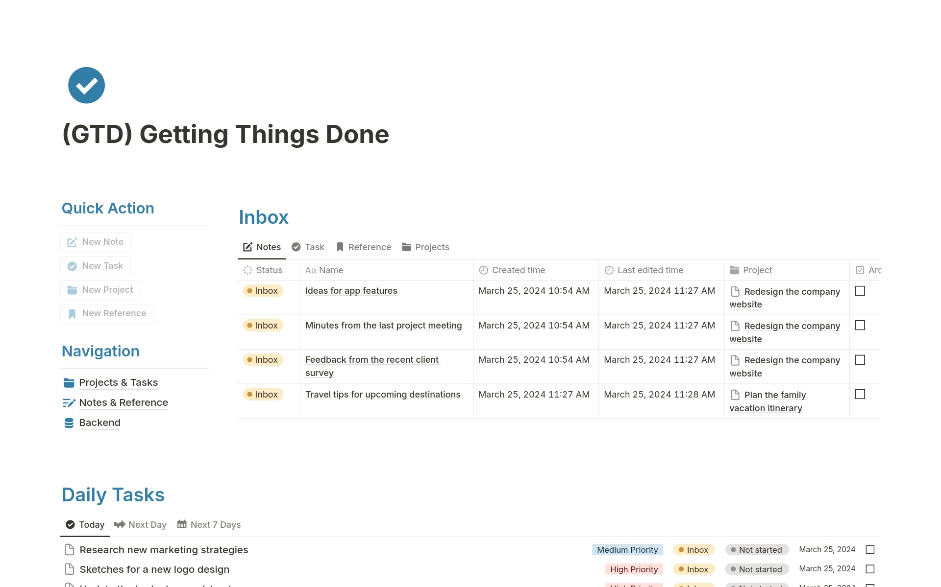 Vista previa de una plantilla para (GTD) Getting Things Done 