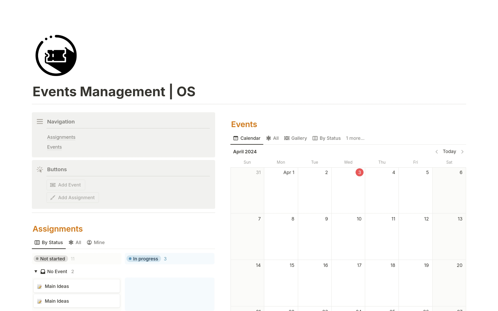 A template preview for Events Management | OS