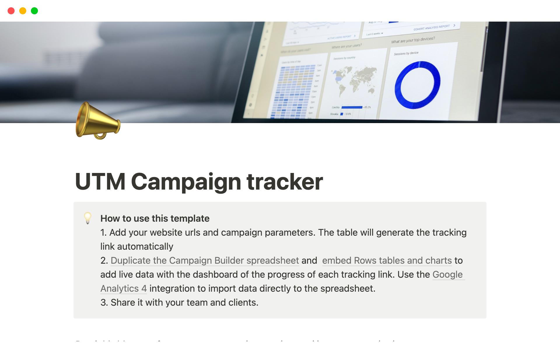A template preview for UTM Campaign tracker