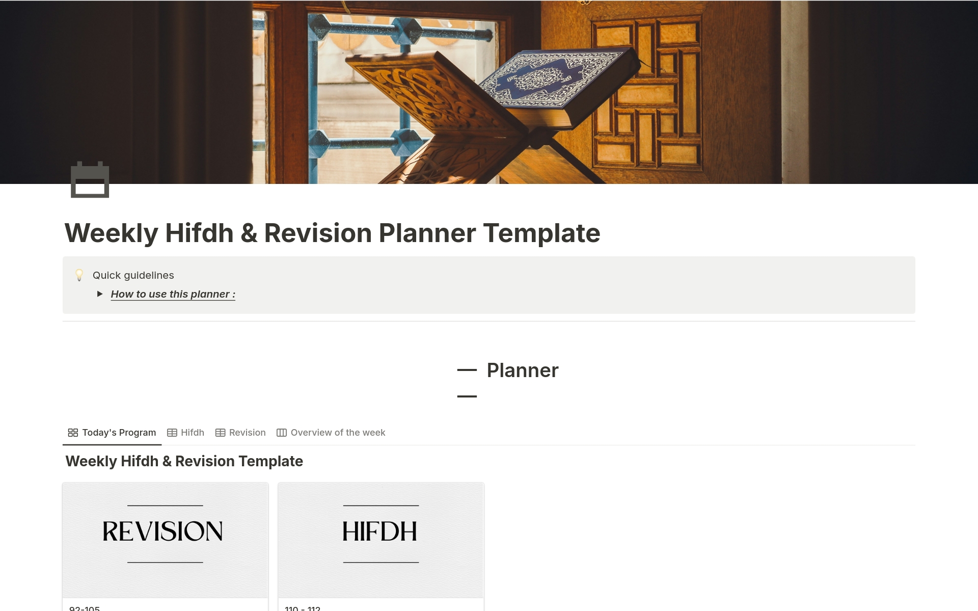 A template preview for Weekly Hifdh & Revision Planner
