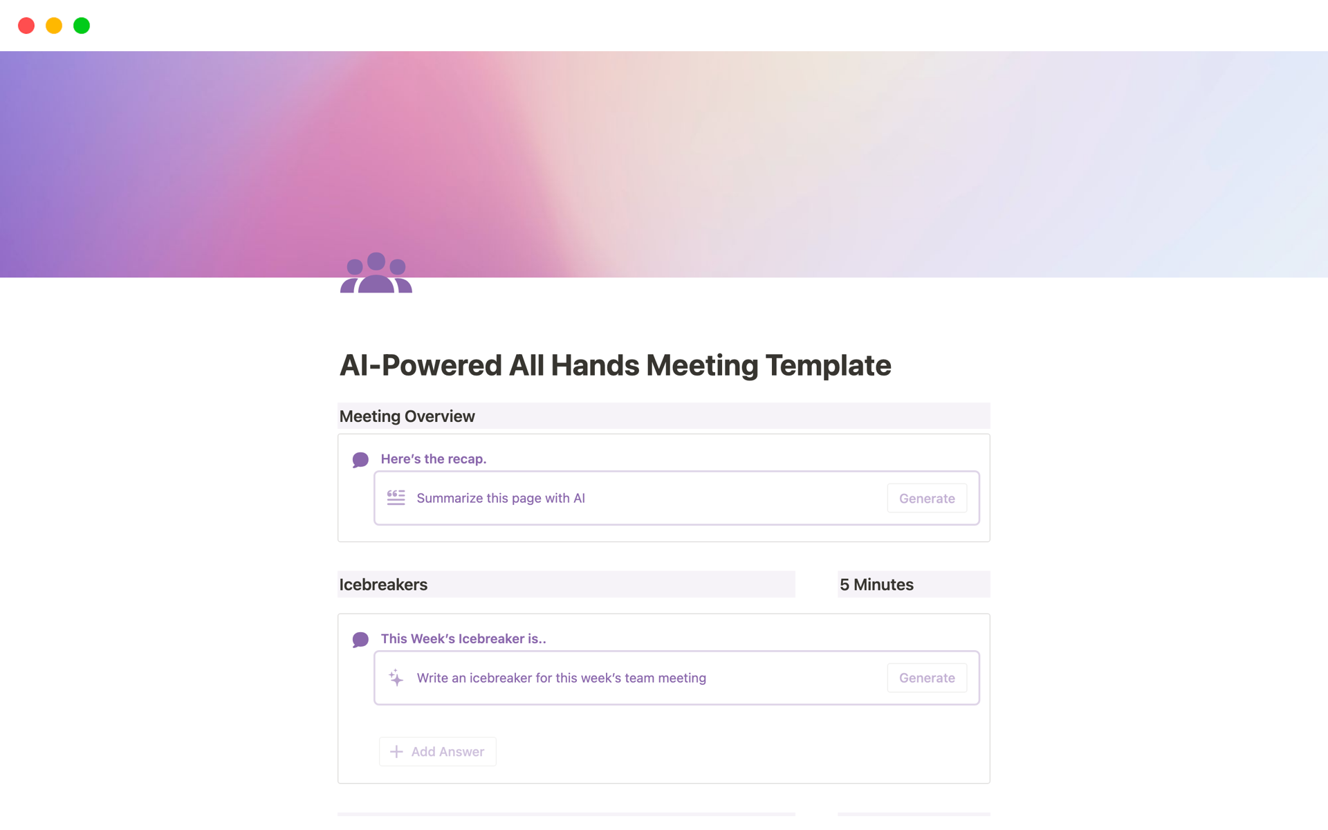 Provides AI-enabled All Hands Meetings with ice breaker generation, capturing action items and summarising meeting notes all under a single, delightful user experience.