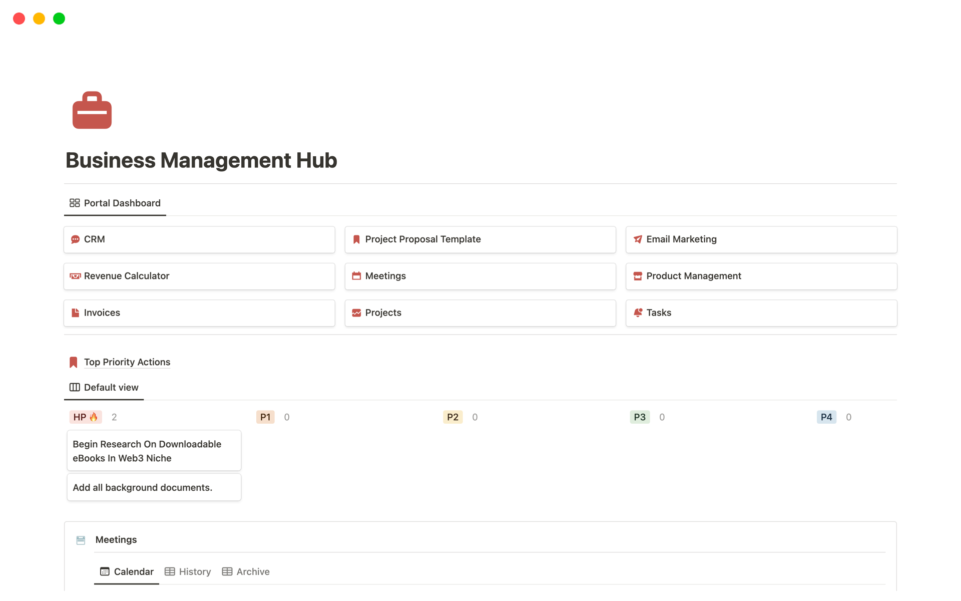 En förhandsgranskning av mallen för Business Management Hub