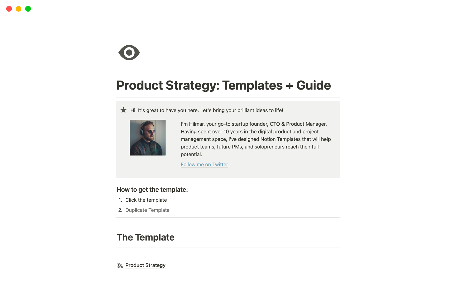 Uma prévia do modelo para Product Strategy: Templates + Guide