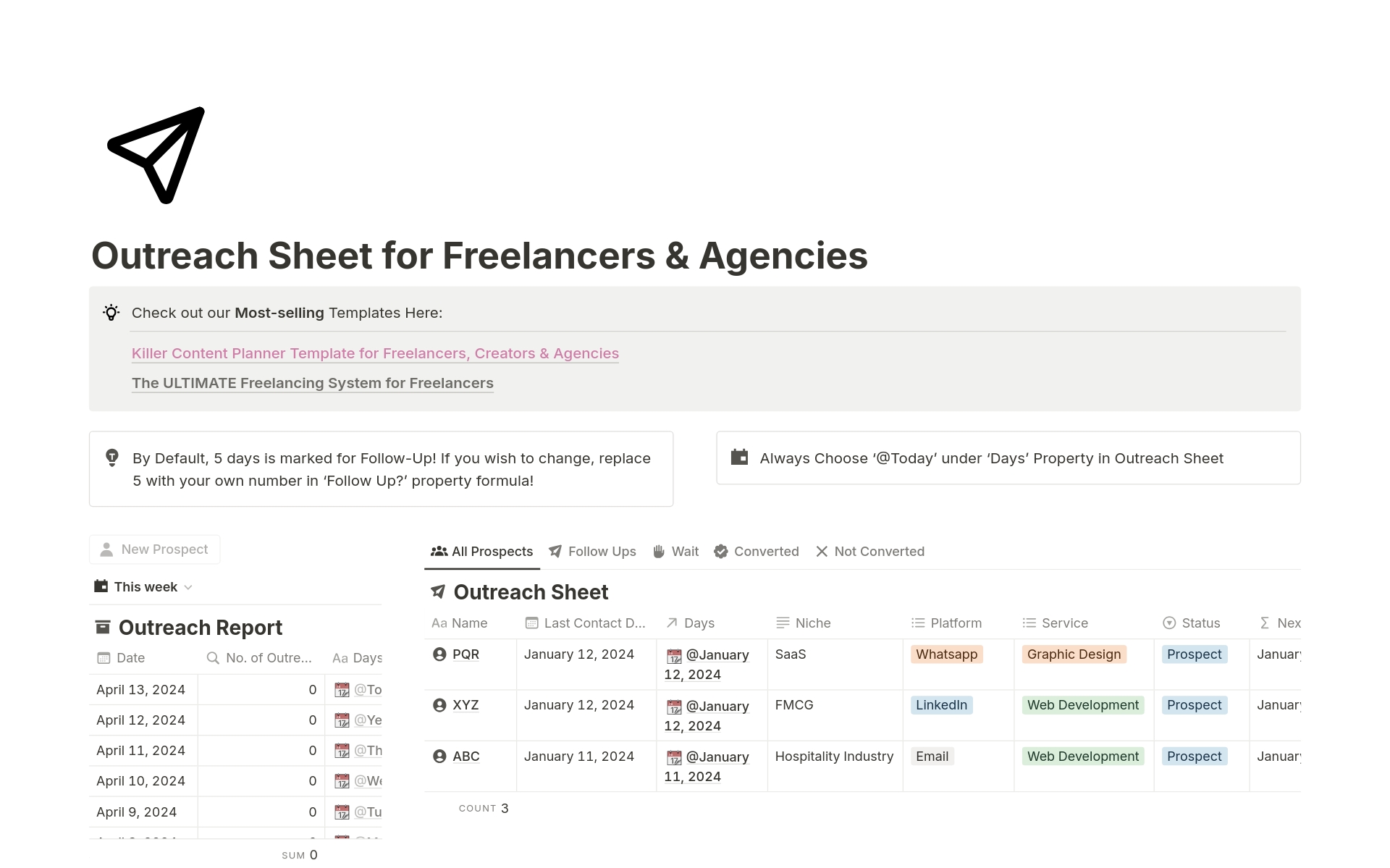 Outreach Sheet for Freelancers & Agenciesのテンプレートのプレビュー