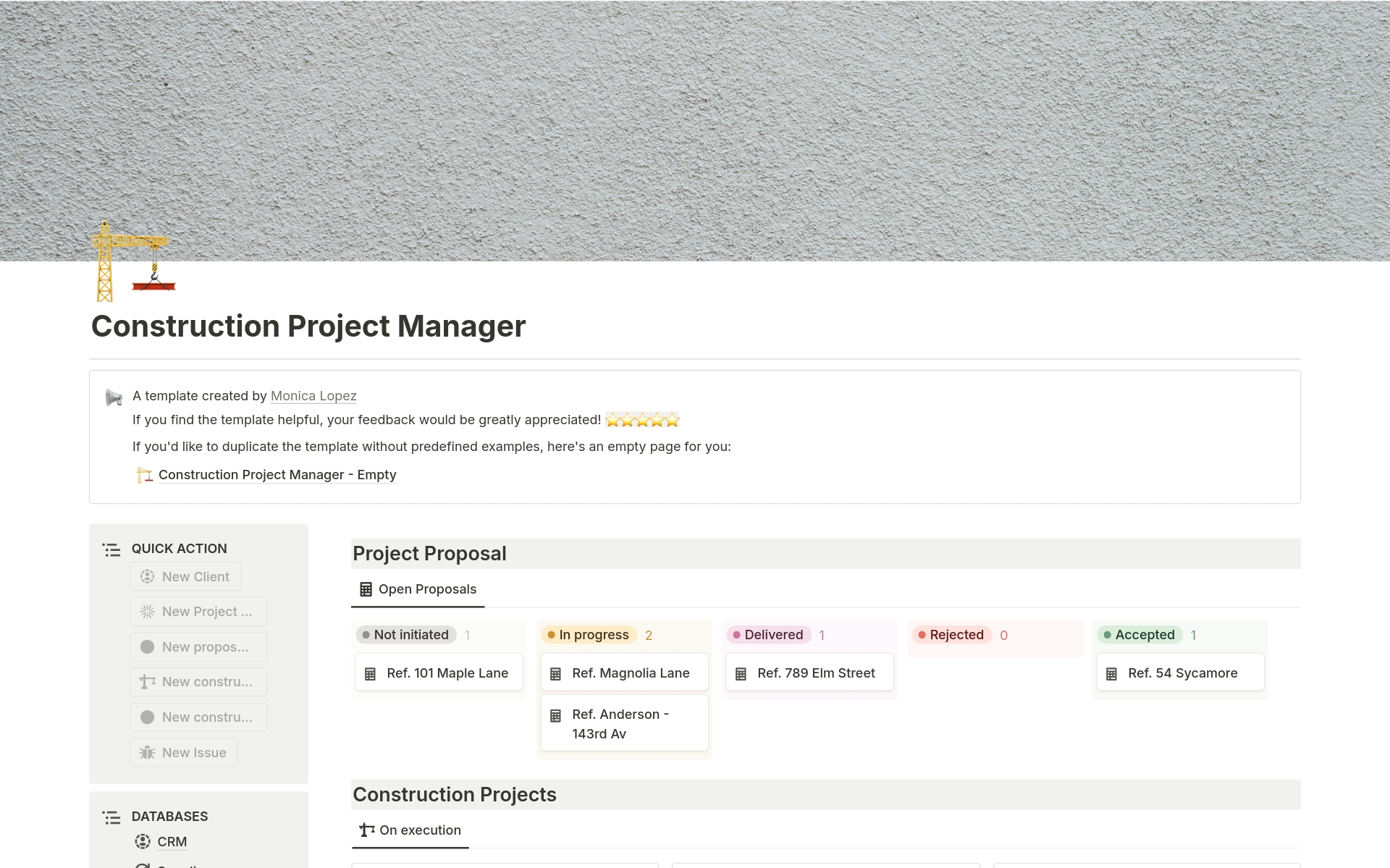 A template preview for Construction Projects Manager
