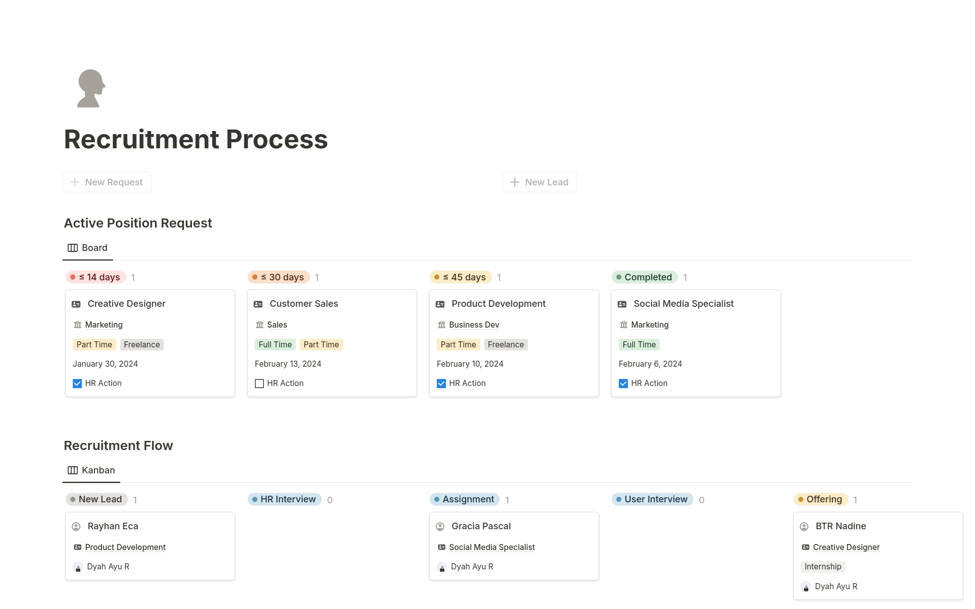 Transform your recruitment process with our Notion template. Seamlessly track active position requests from HR and other departments, utilizing Kanban and table views. Input interview results and assignments for streamlined candidate management, ensuring a smooth hiring process.