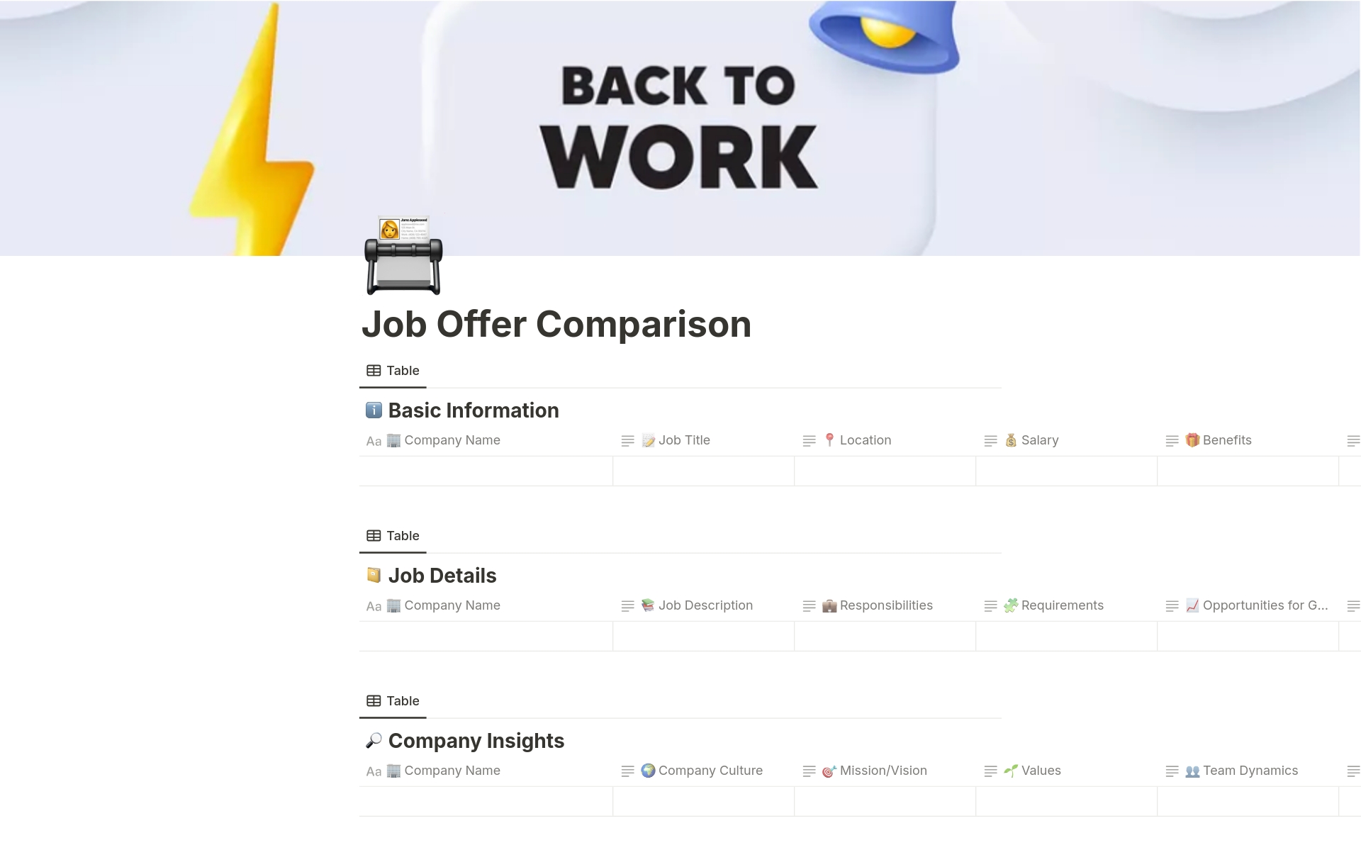 A template preview for Job Offer Comparison