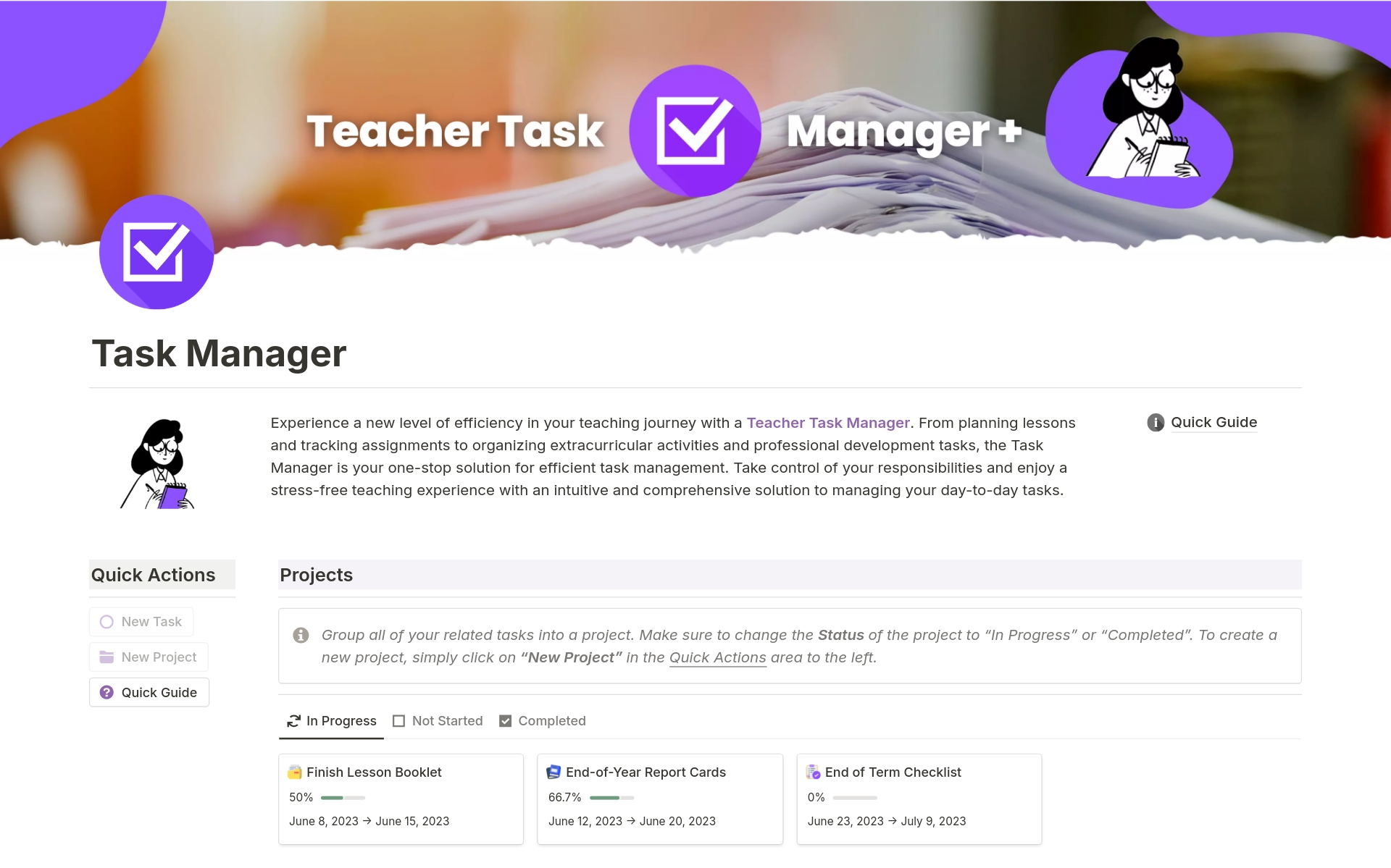 Uma prévia do modelo para Task Manager for Teachers