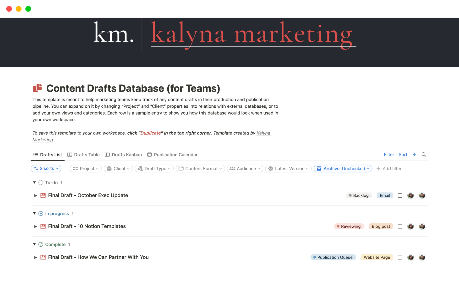 A template preview for Content Drafts Database (for Teams)