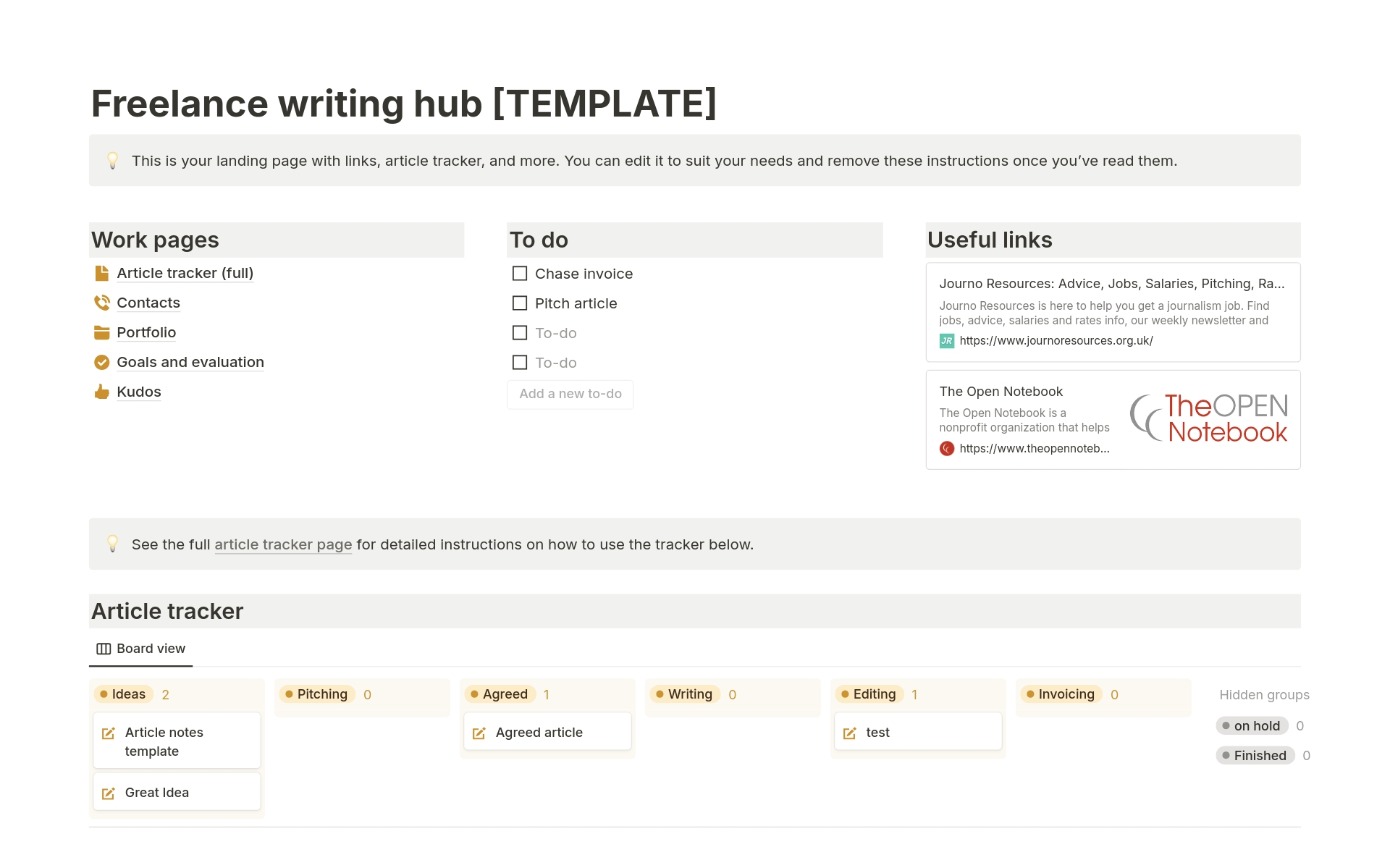 Eine Vorlagenvorschau für Freelance writing hub & article tracker