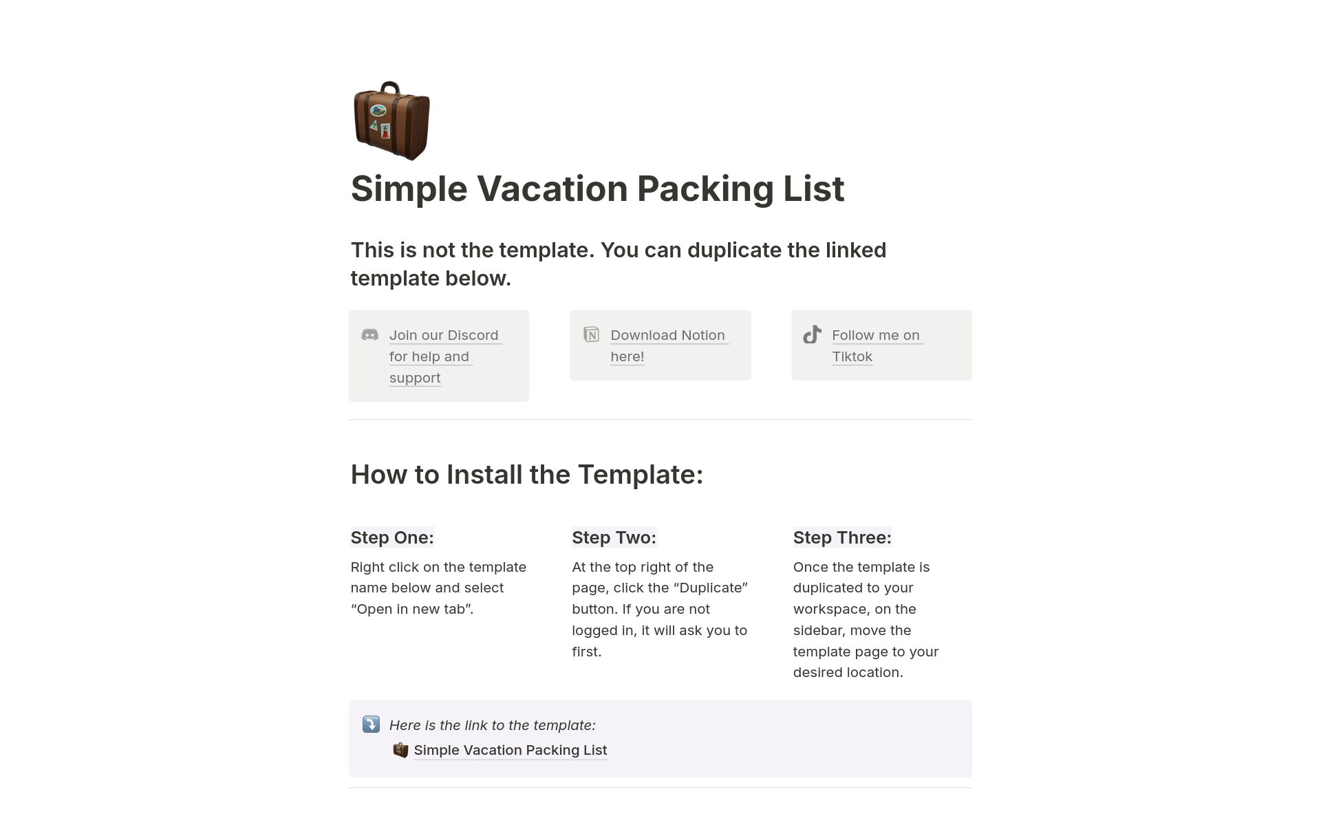 A template preview for Travel / Vacation Packing Lists