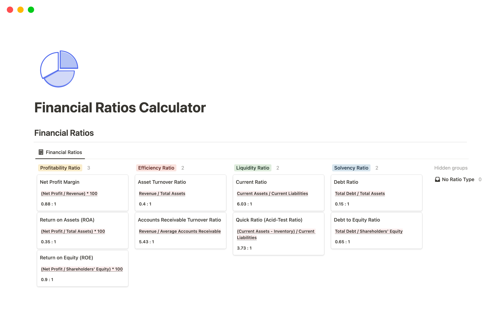 A template preview for Financial Ratios Calculator